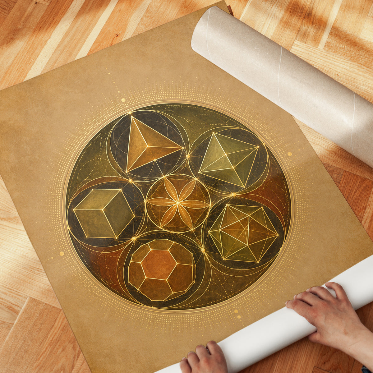 Platonic Solids Art Print: Golden Sacred Geometry Wall Decor - detail