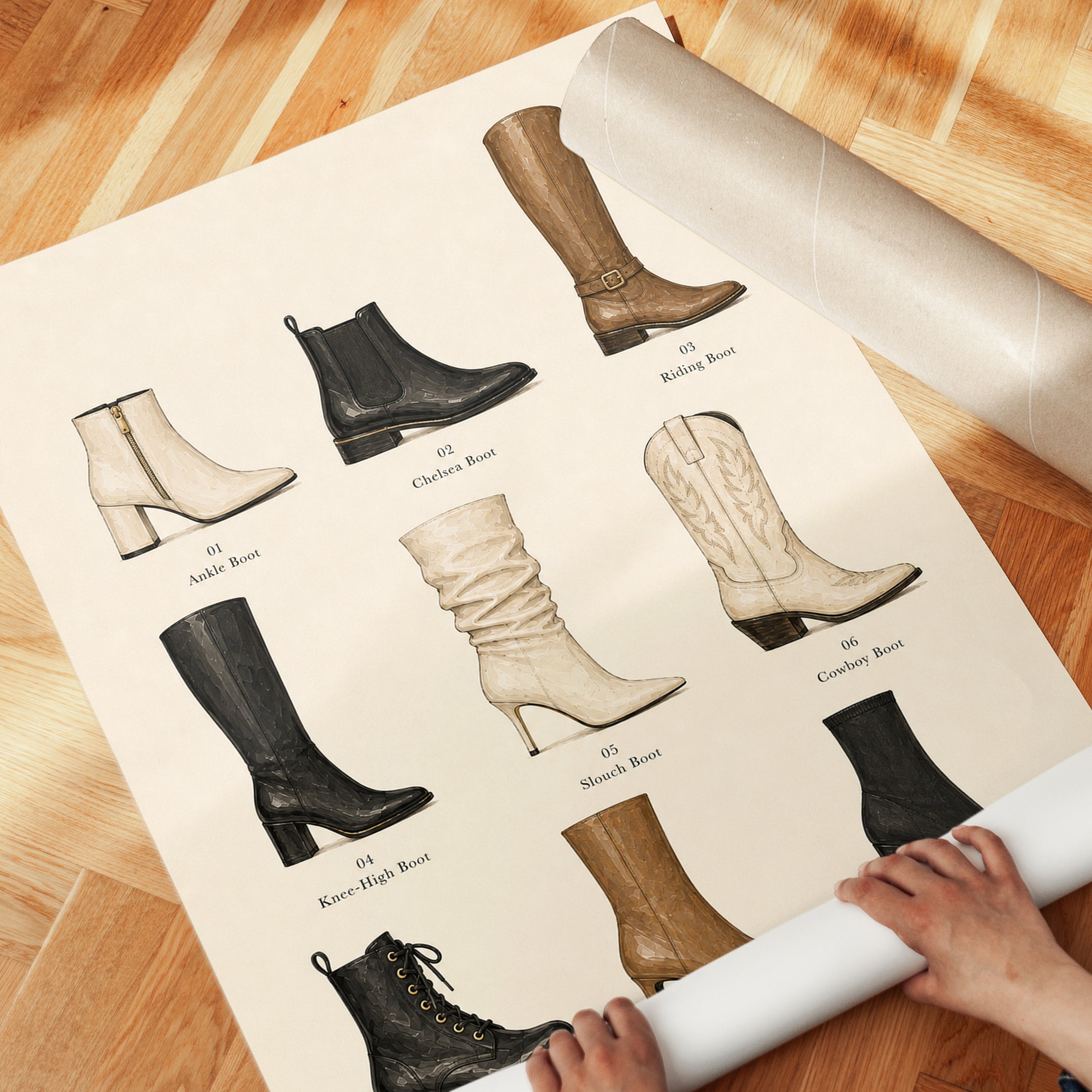 Boot Collection Chart: Vintage Fashion Illustration Art Print - detail