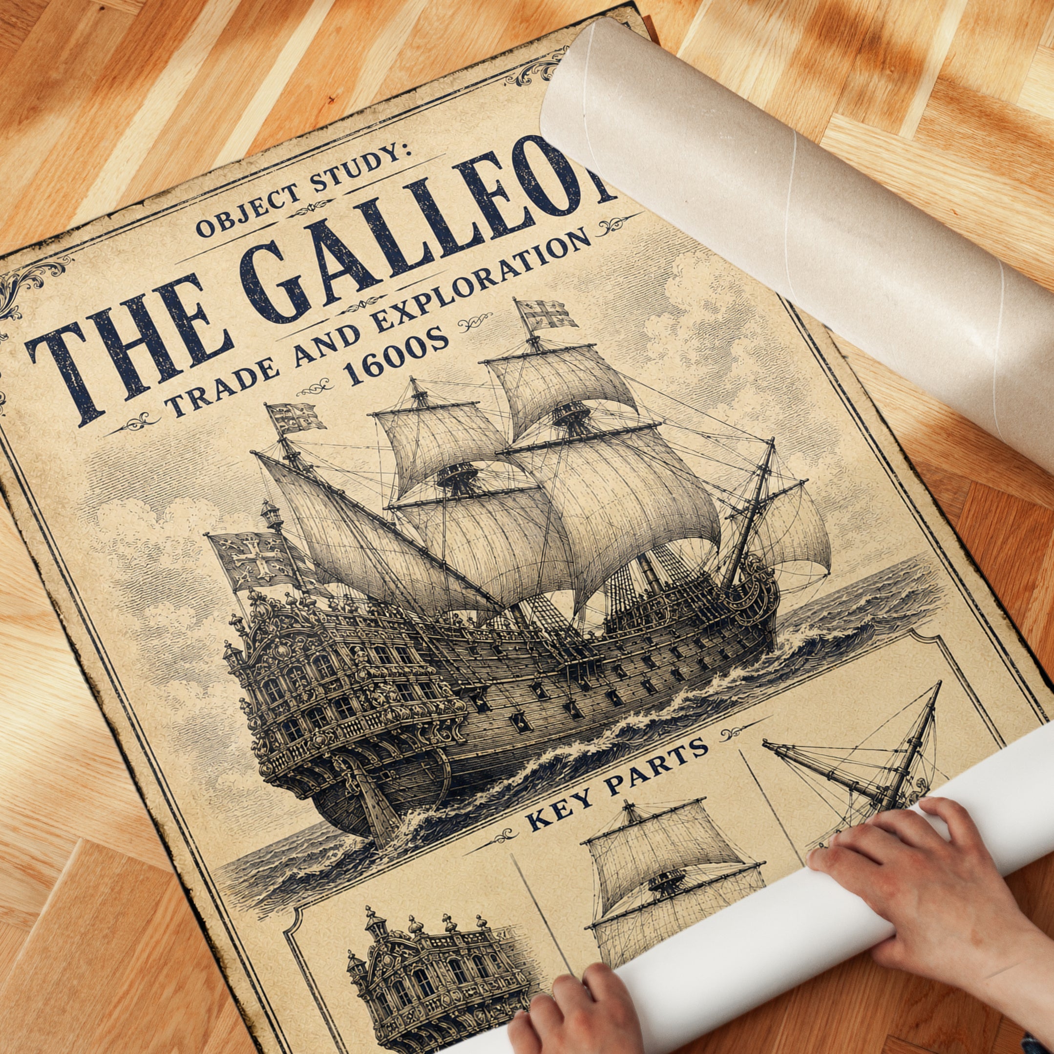 Galleon Ship Print — Vintage 1600s Maritime Exploration Art - detail