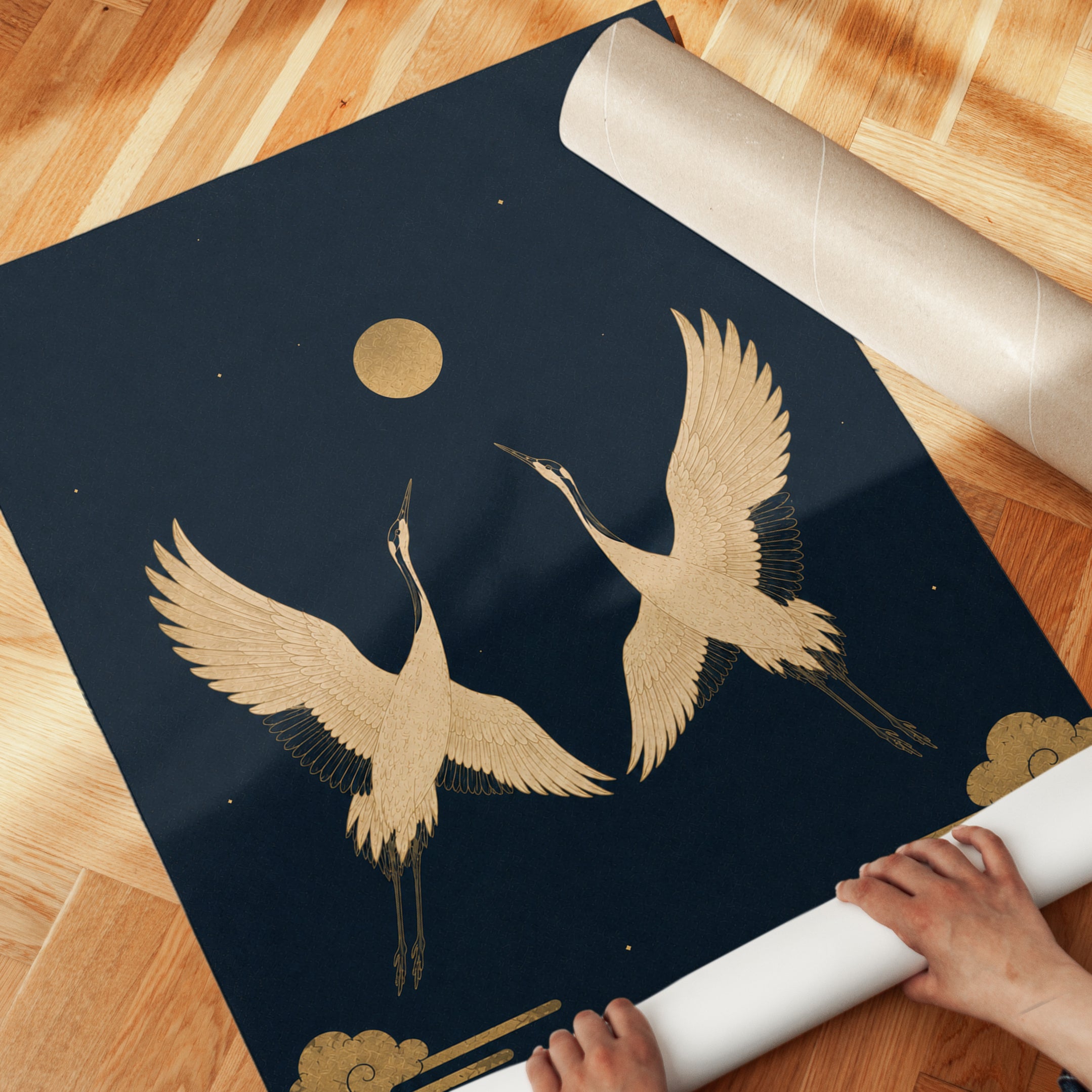 Golden Cranes Art Print: Japanese Style Birds with Moon - detail