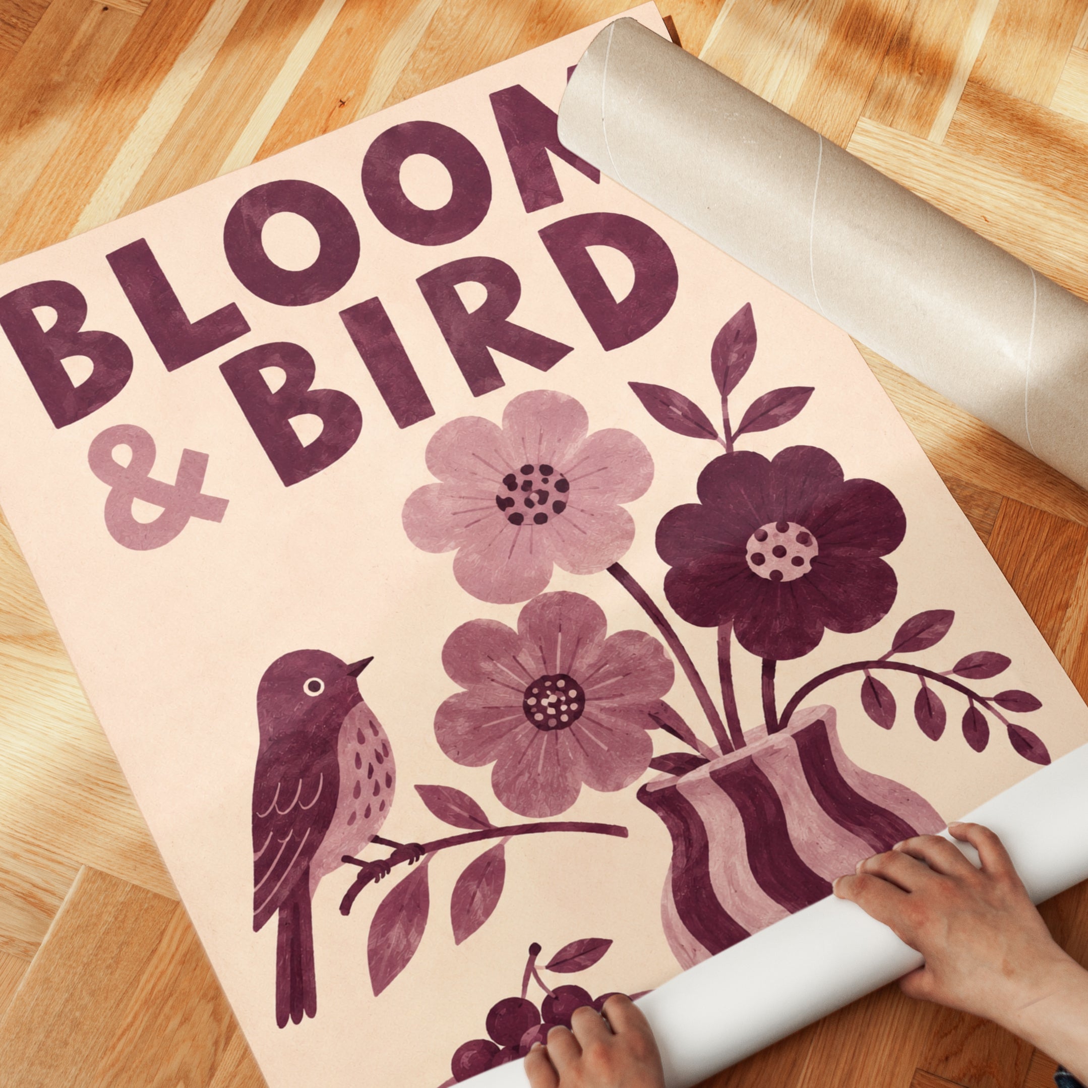 Bloom and Bird Folk Art Print: Vintage Floral Design - detail