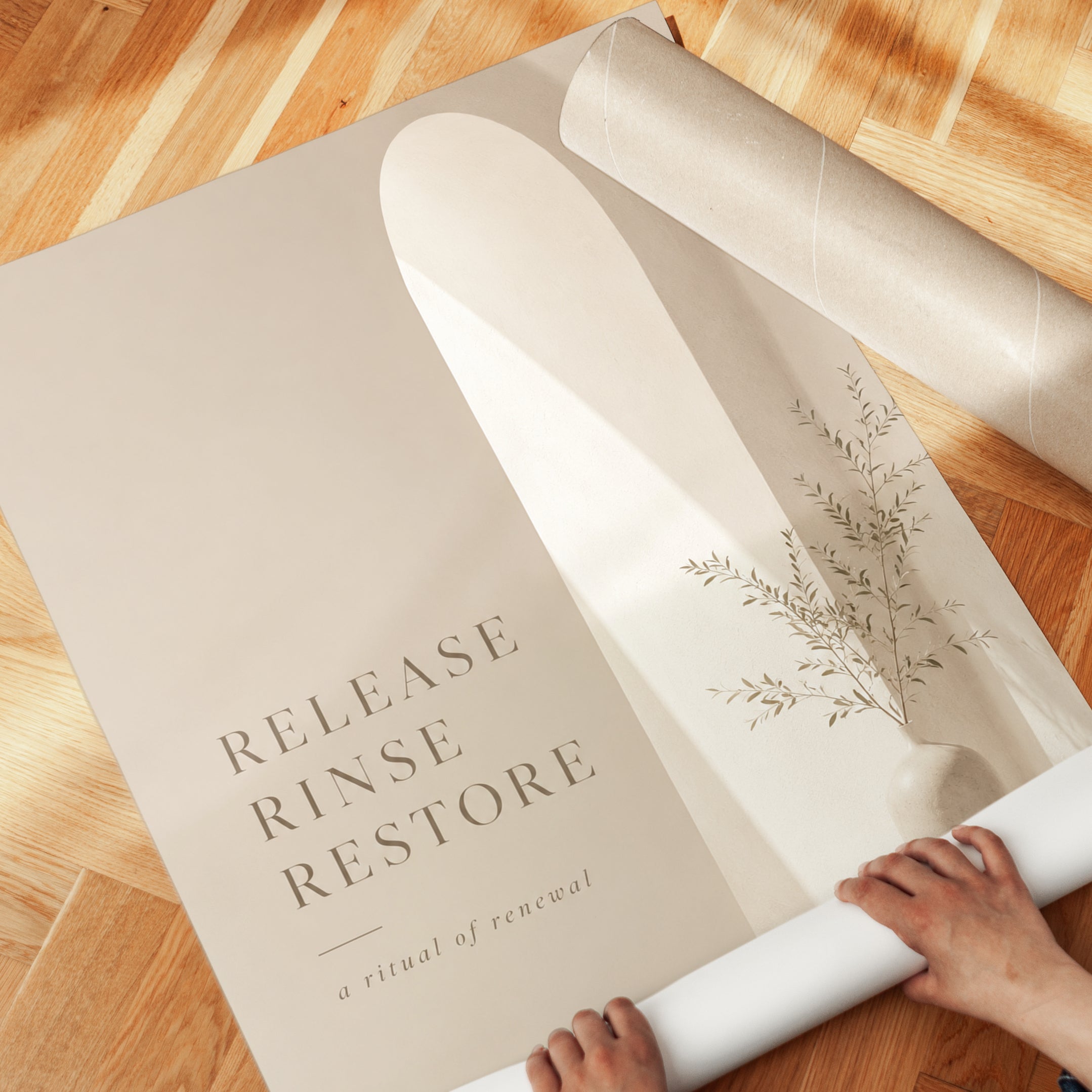 Release Rinse Restore Print: Minimalist Beige Spa Wall Art - detail