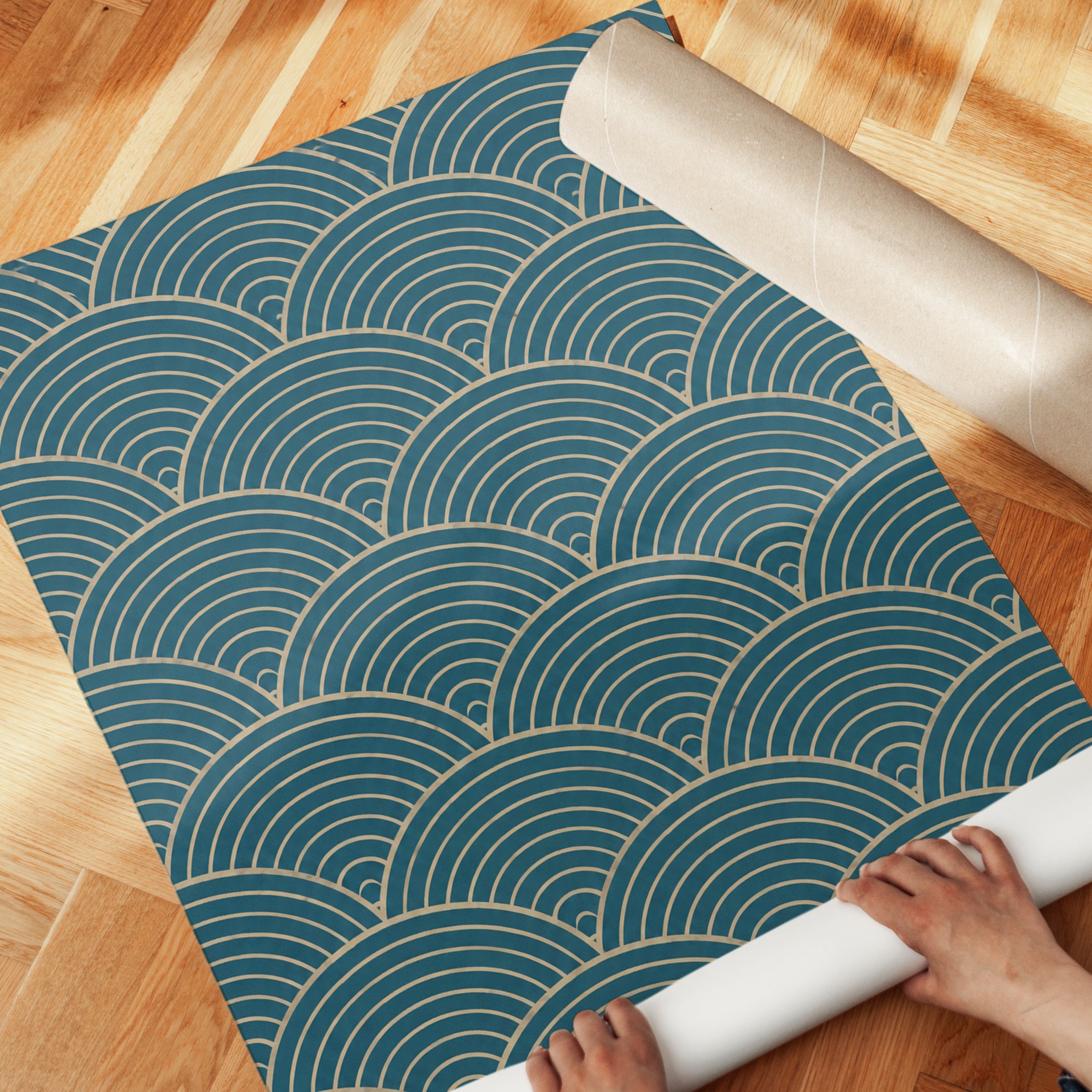 Teal and Gold Japanese Wave Print - detail