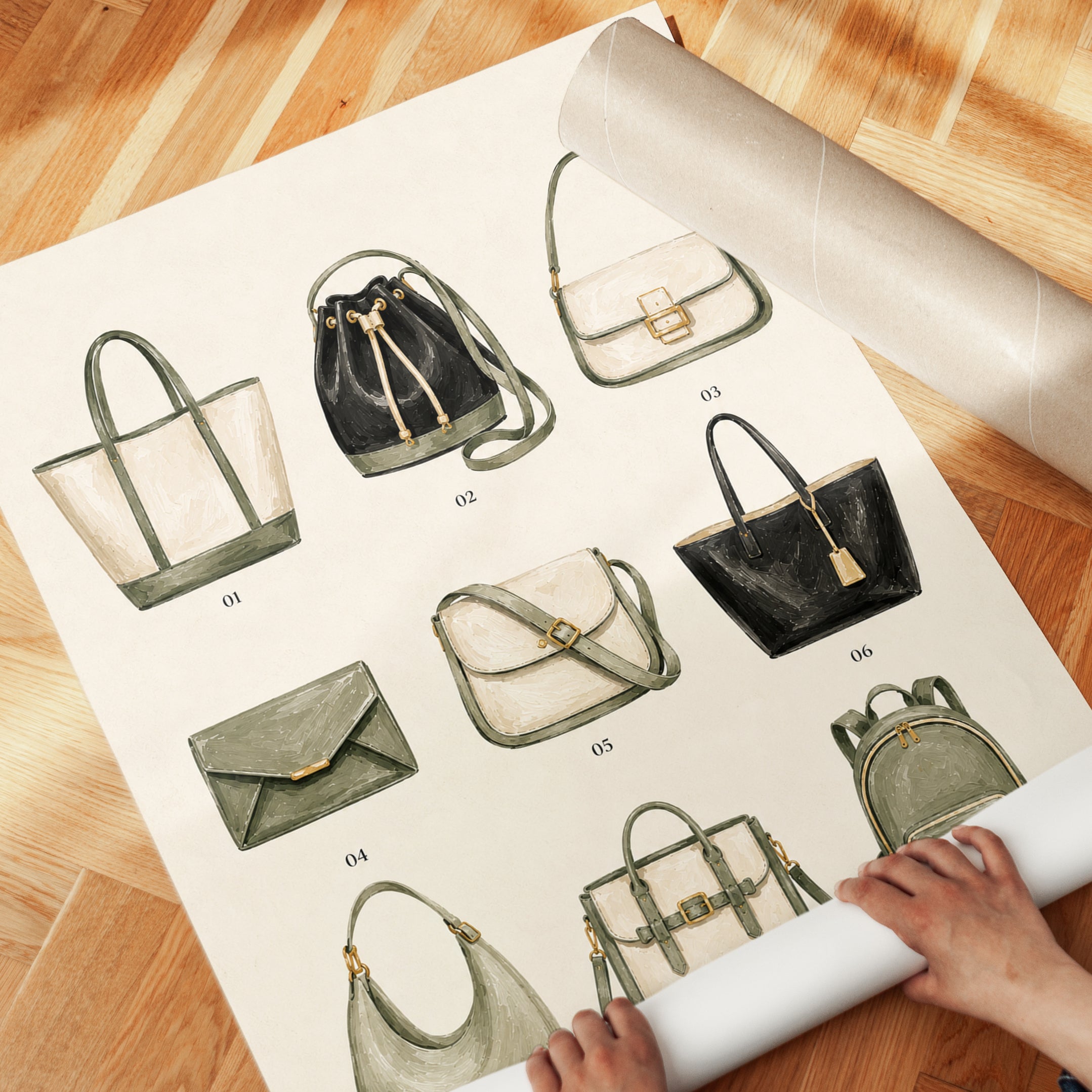 Fashion Handbag Collection Print: Watercolor Accessories Art - detail