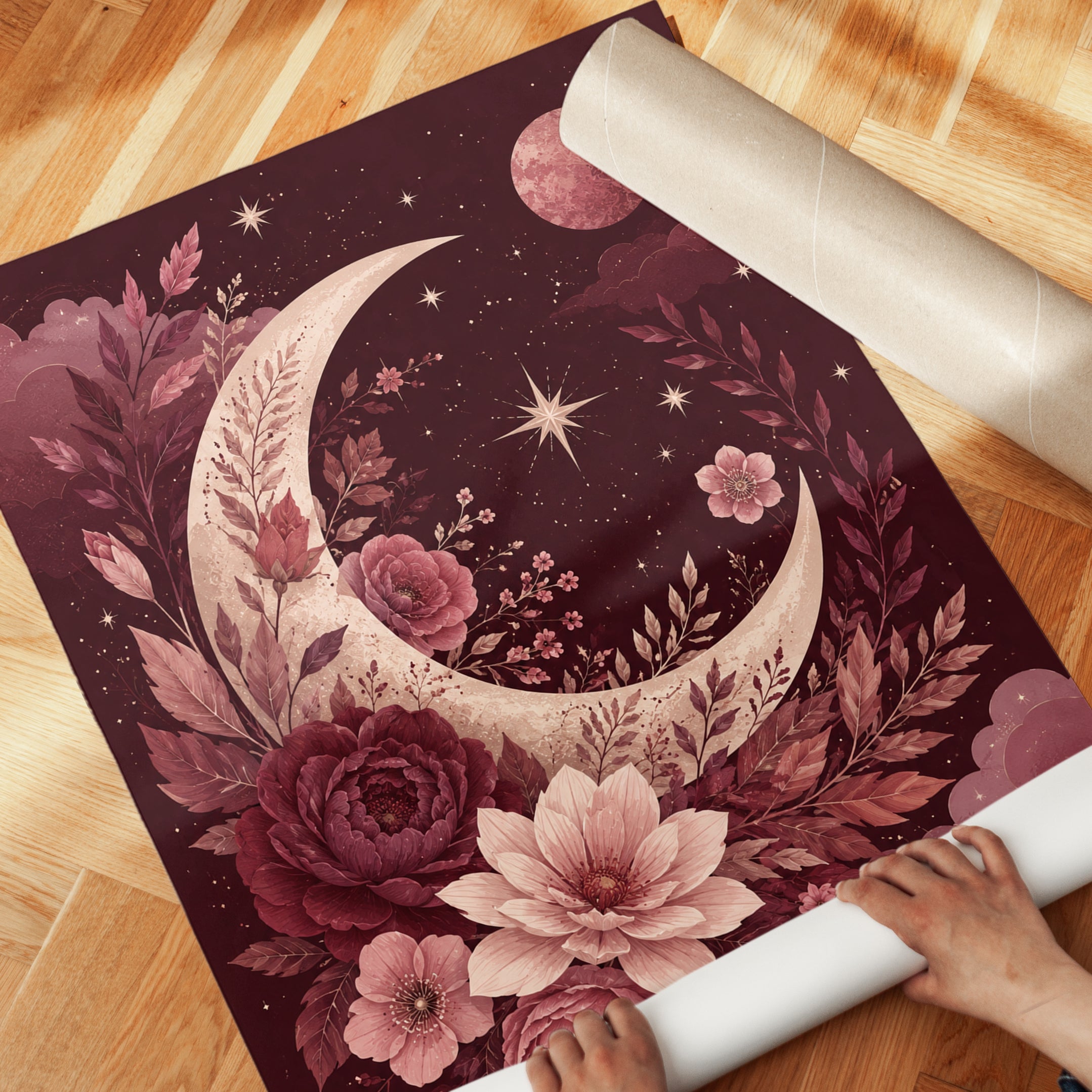 Burgundy Moon and Roses Art Print: Celestial Floral Wall Art - detail