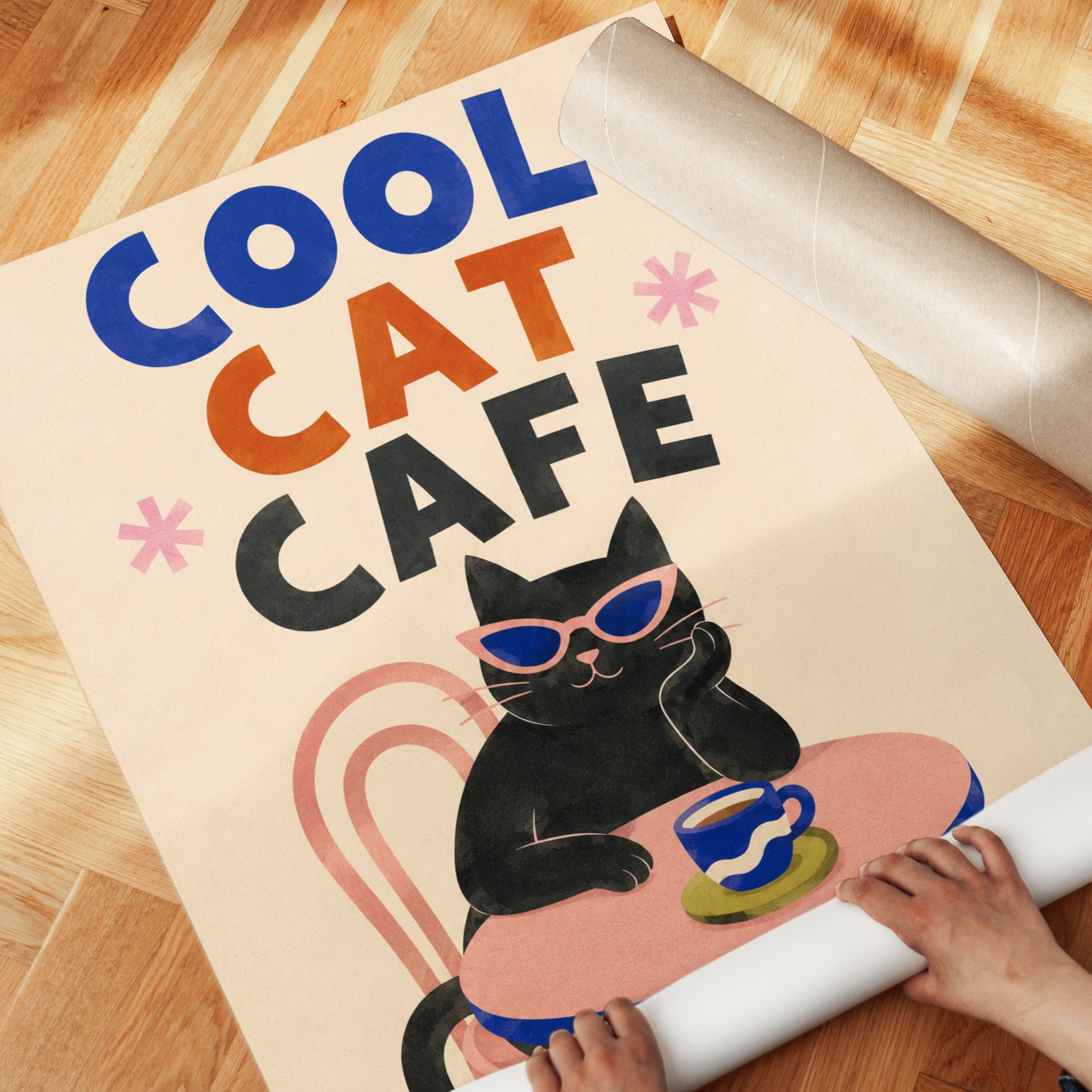 Cat Cafe Wall Art – Retro Black Cat Print - detail