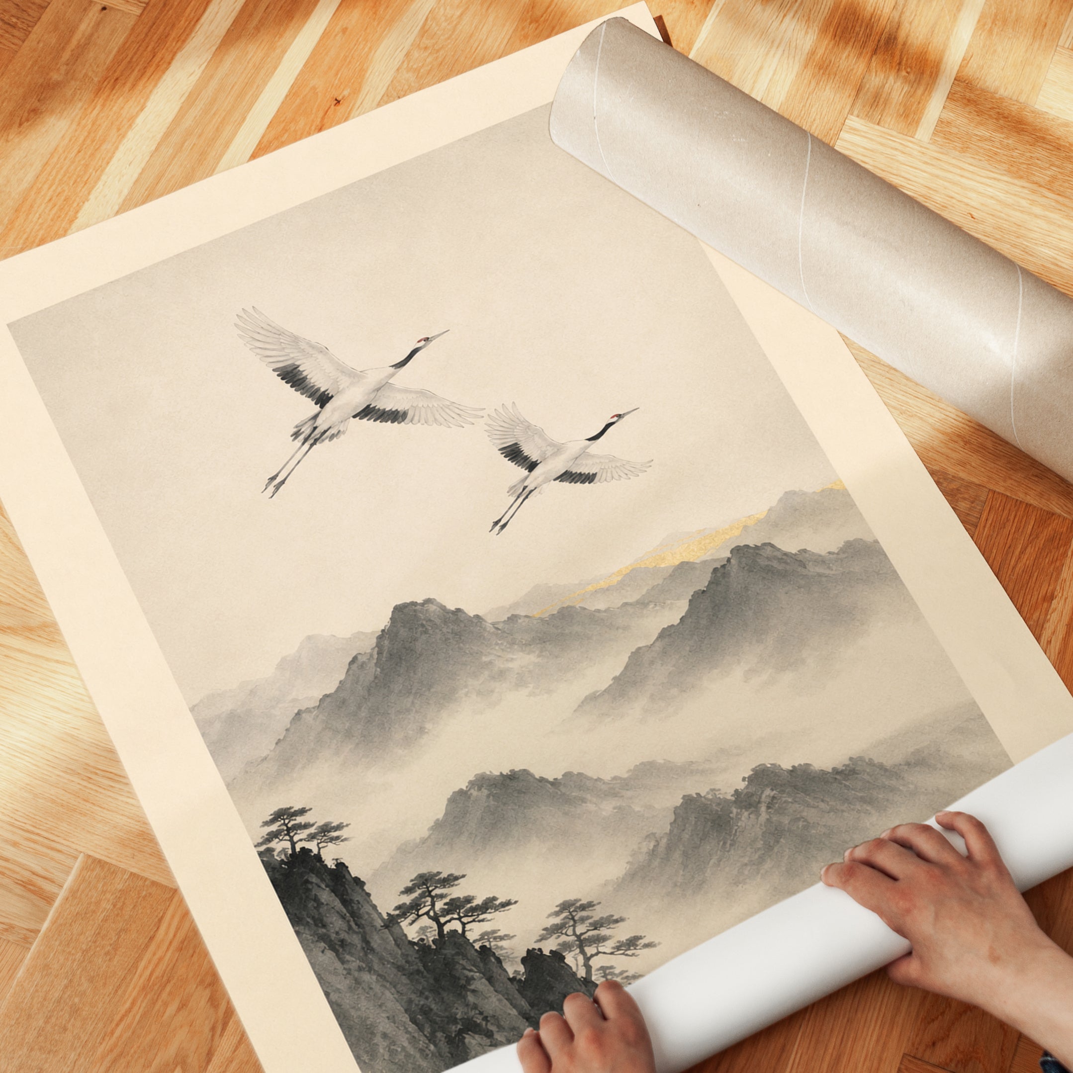 Japanese Crane Wall Art – Asian Landscape Print - detail
