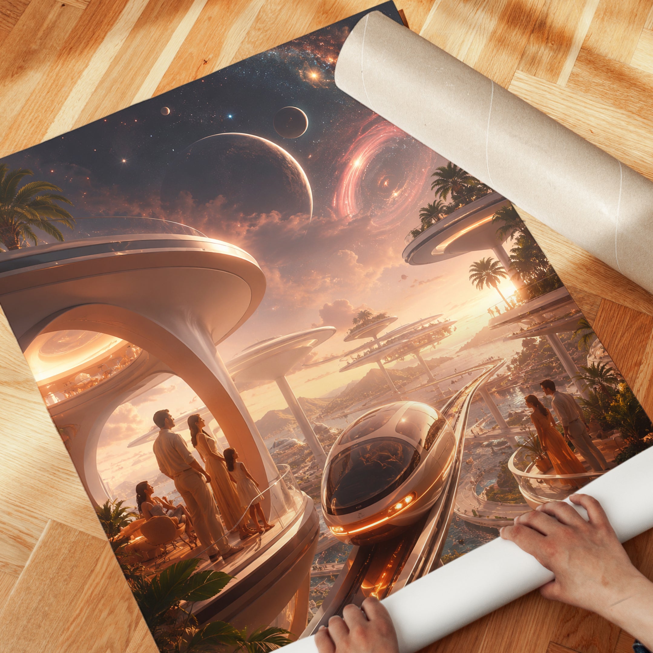 Futuristic Paradise Art Print: Retro Sci-Fi Cosmic Architecture - detail