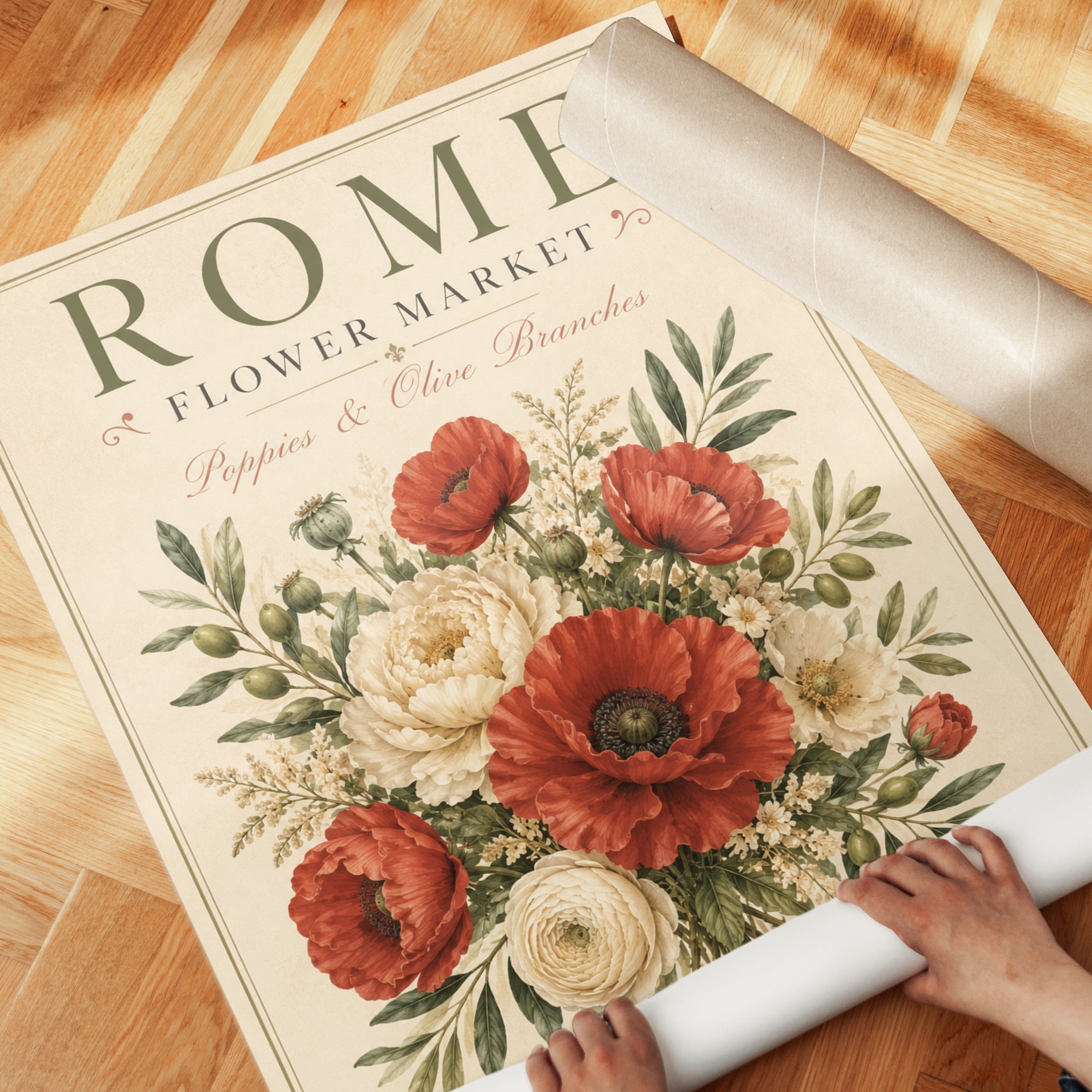 Vintage Botanical Print — Rome Flower Market Poppies & Olive Branches - detail