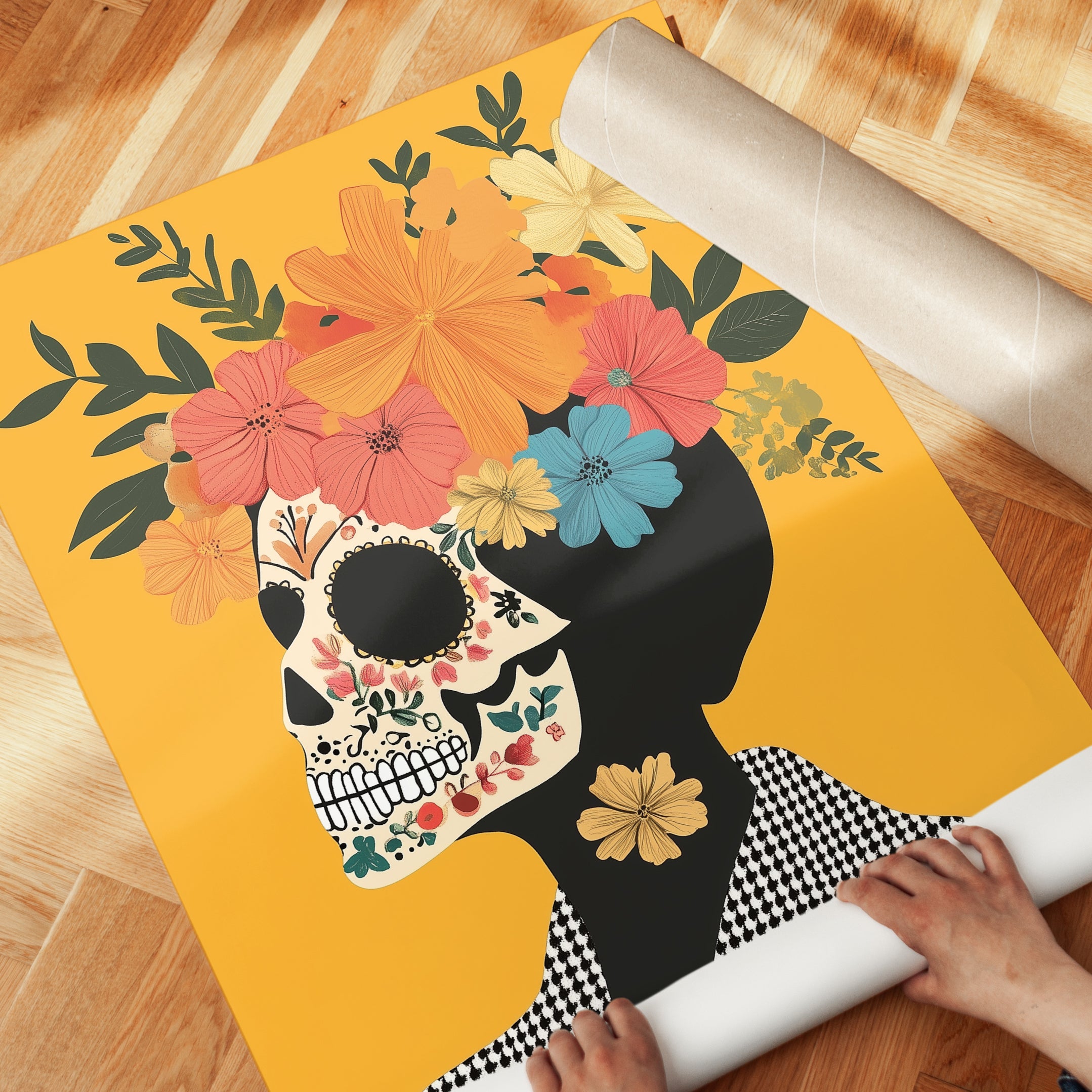 Sugar Skull Art Print: Day of the Dead Floral Design (Unframed) - detail