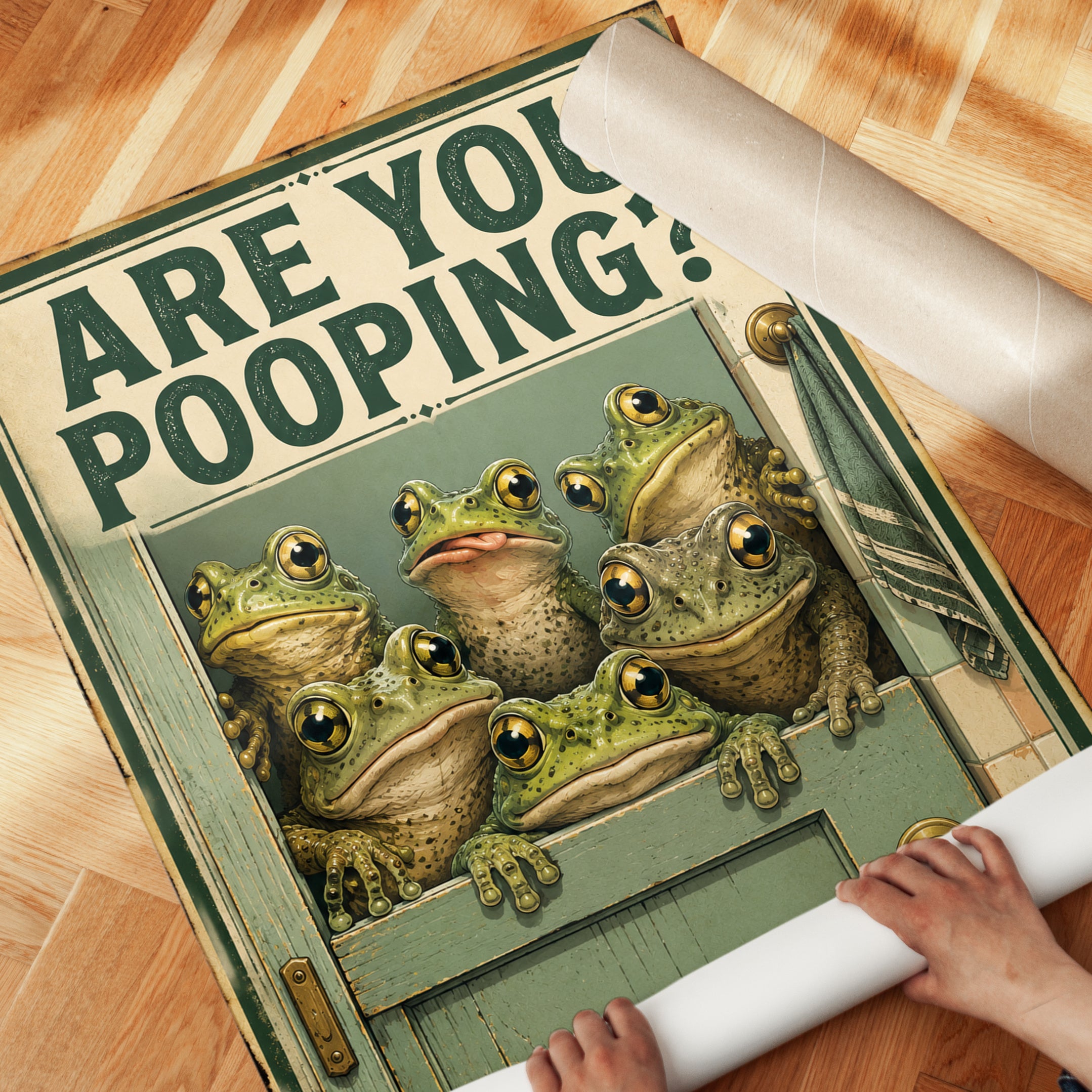 Bathroom Frog Print: Retro Humor Wall Art (Funny Pooping Sign) - detail
