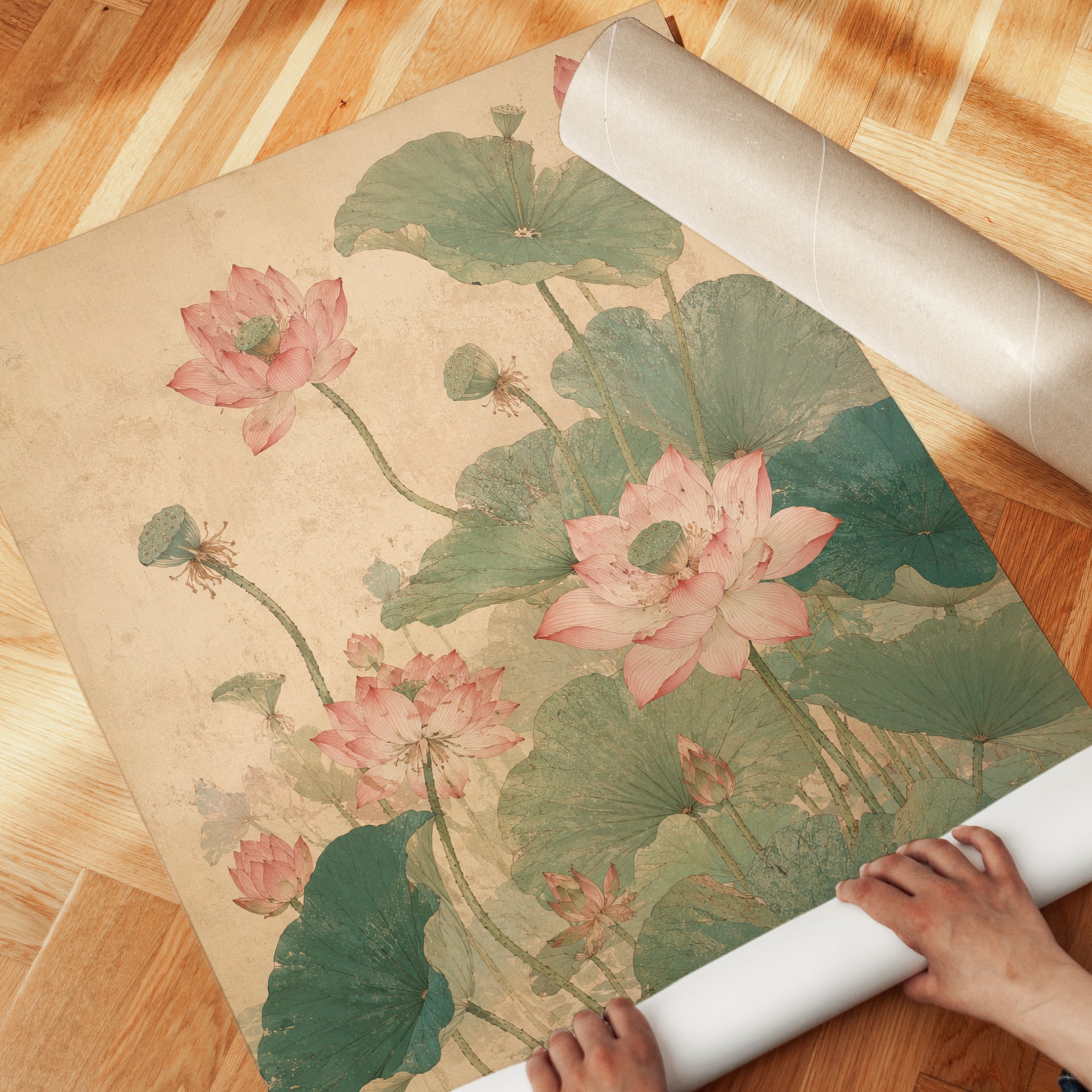 Pink Lotus Flowers Art Print: Vintage Asian Botanical Painting - detail