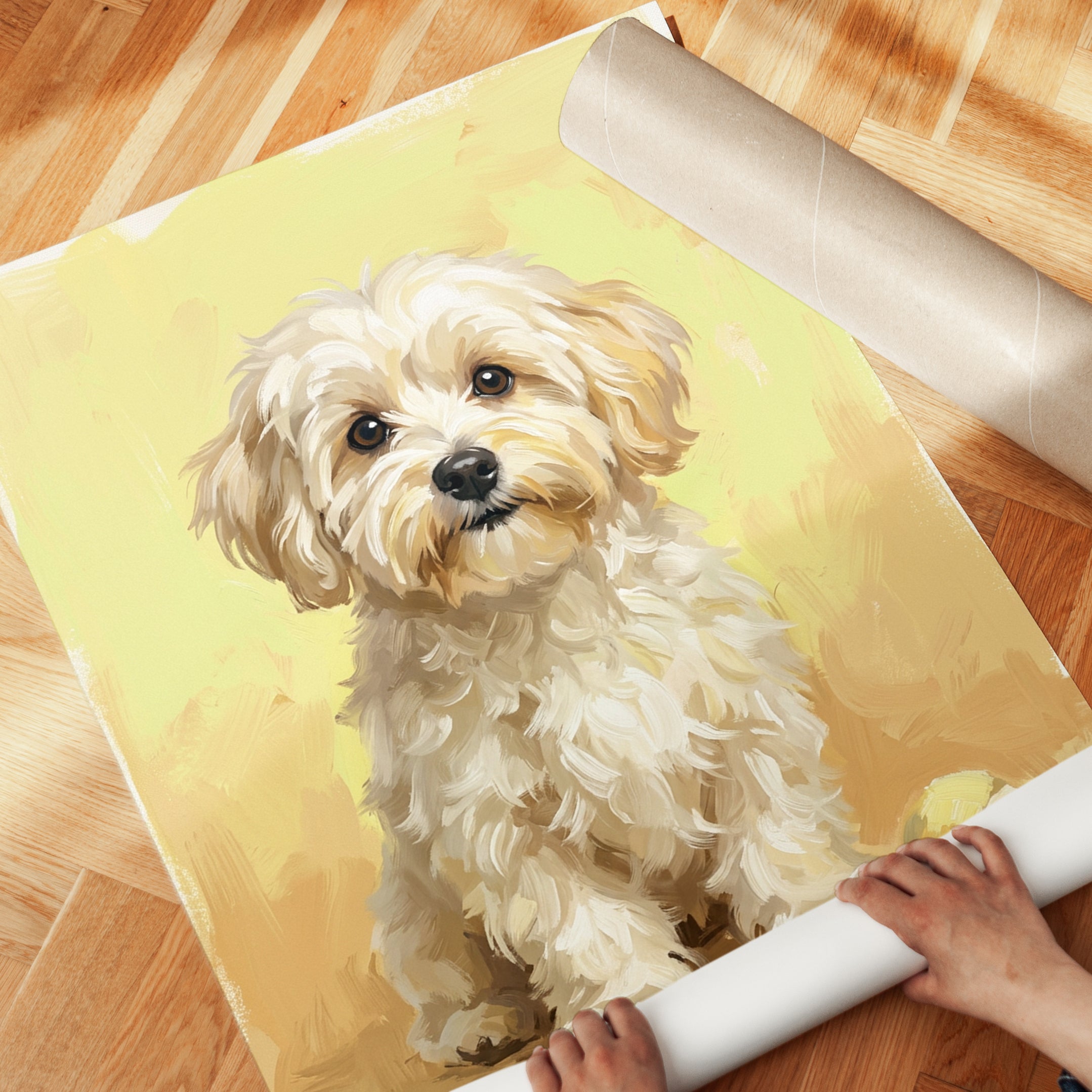 Cavapoo Dog Portrait Print — Soft Pastel Yellow Background - detail