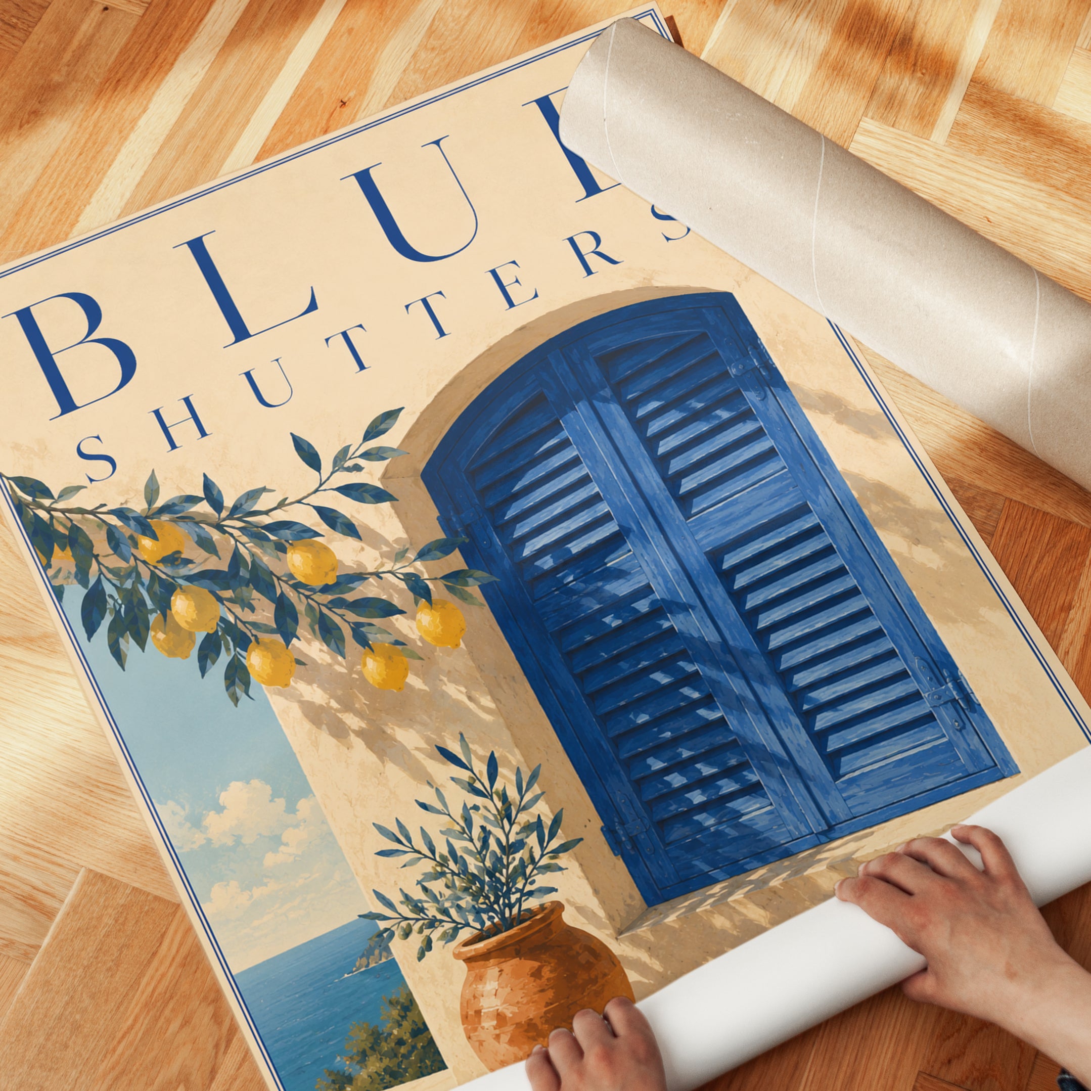 Mediterranean Blue Shutters Print: Coastal Village Wall Art - detail