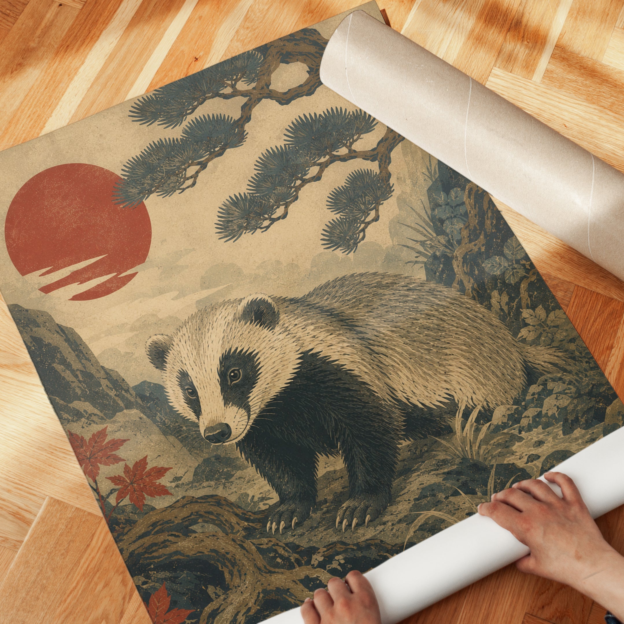Badger Wall Art Print: Japanese Ukiyo-e Style - detail