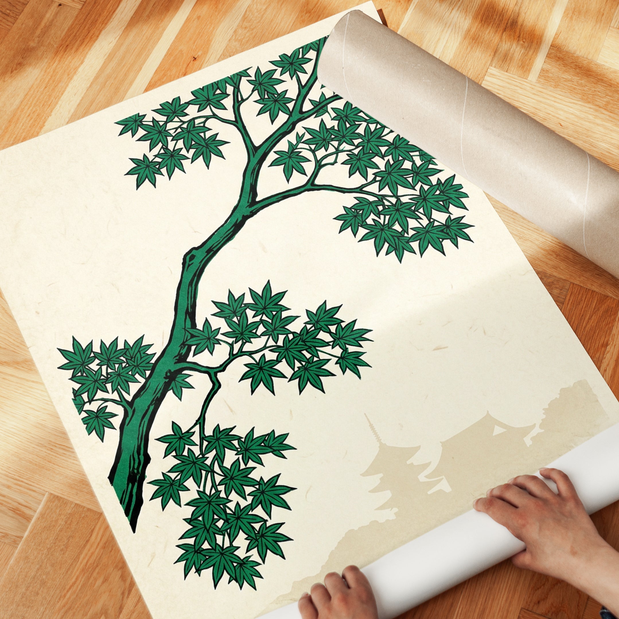 Japanese Maple Branch Art Print: Green Tree with Pagoda Design - detail