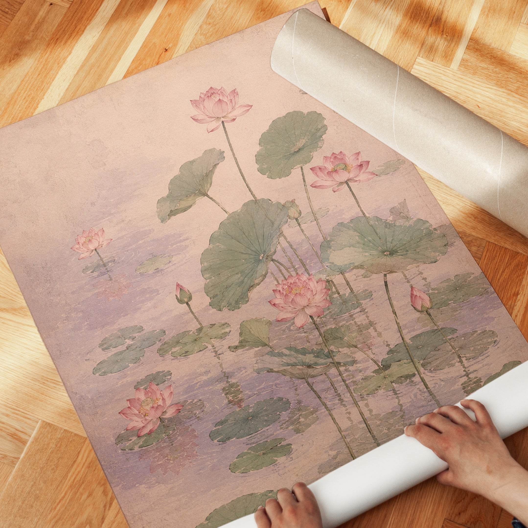 Lotus Pond Art Print: Delicate Pink Flowers on Beige Oriental Watercol - detail