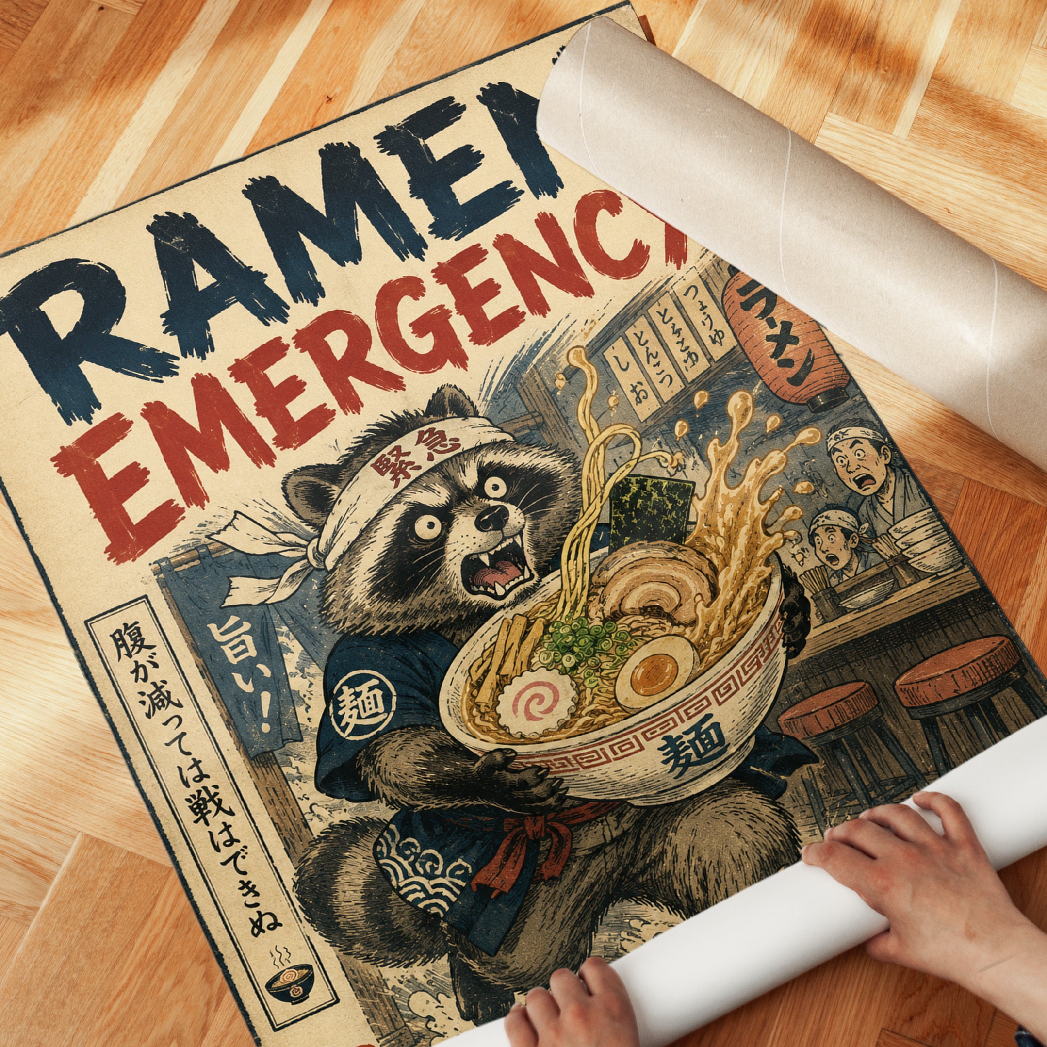 Ramen Emergency Raccoon Art Print: Vintage Japanese Poster Style - detail