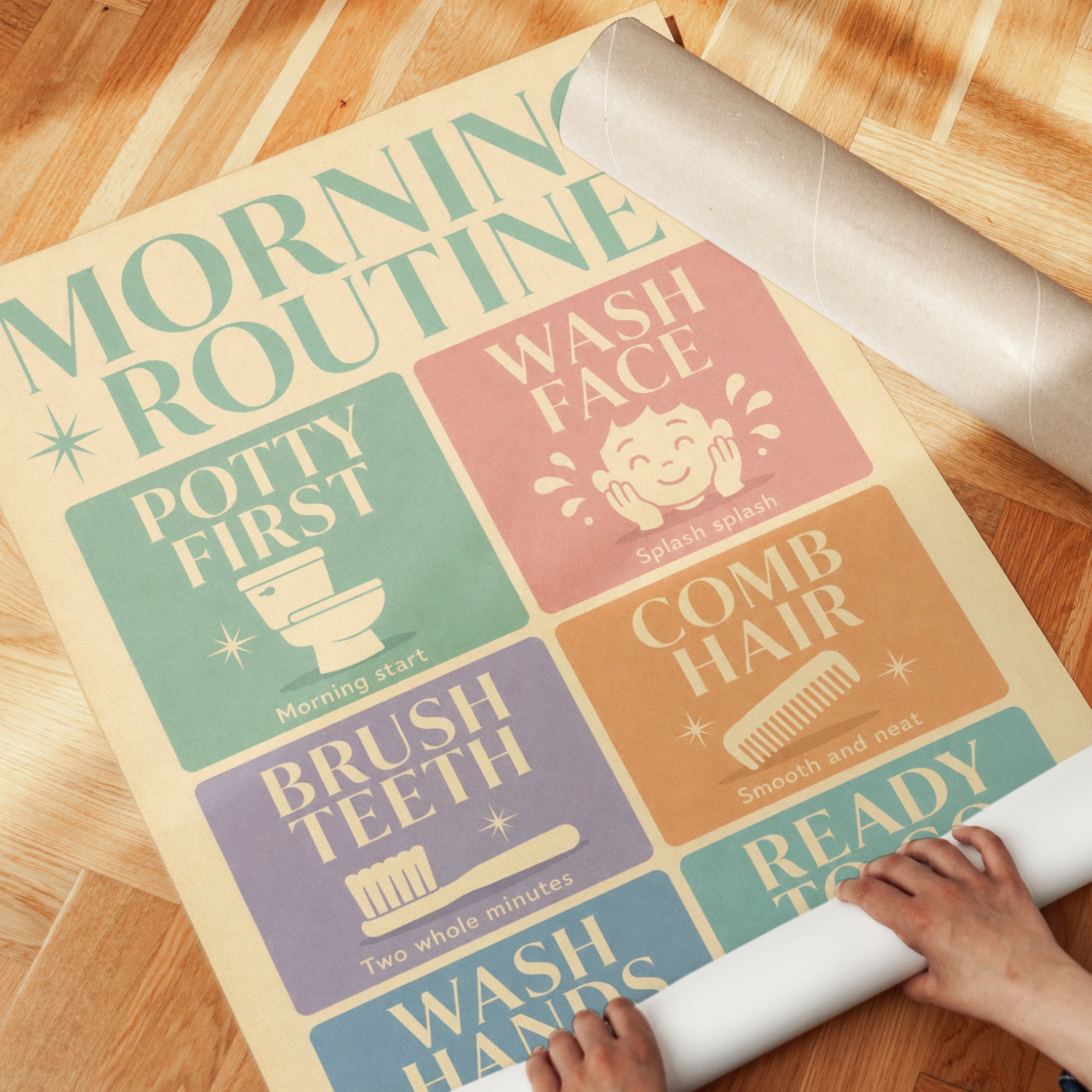 Morning Routine Print: Retro Kids Hygiene Chart - detail