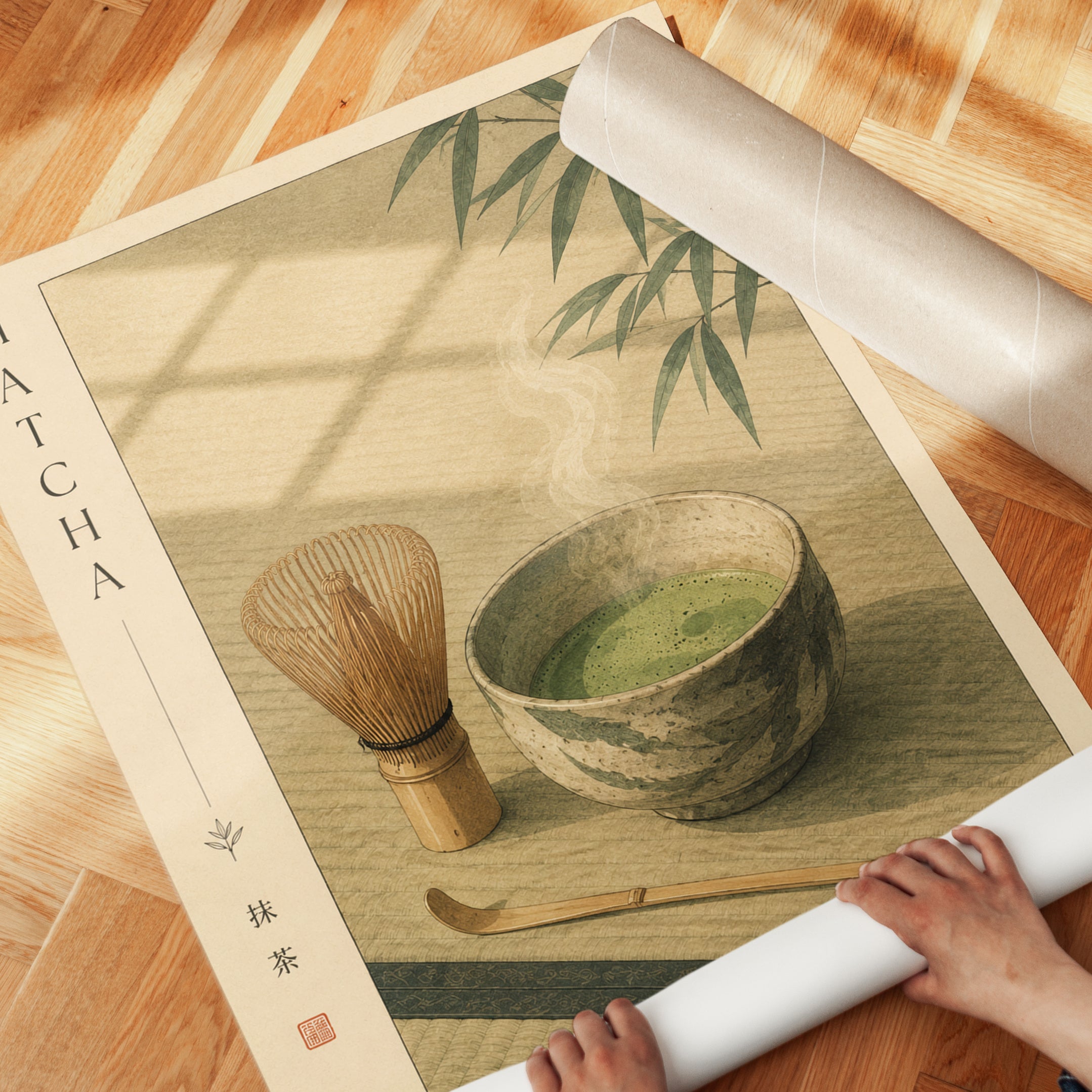 Japanese Tea Ceremony Print: Matcha Bowl and Bamboo Whisk - detail
