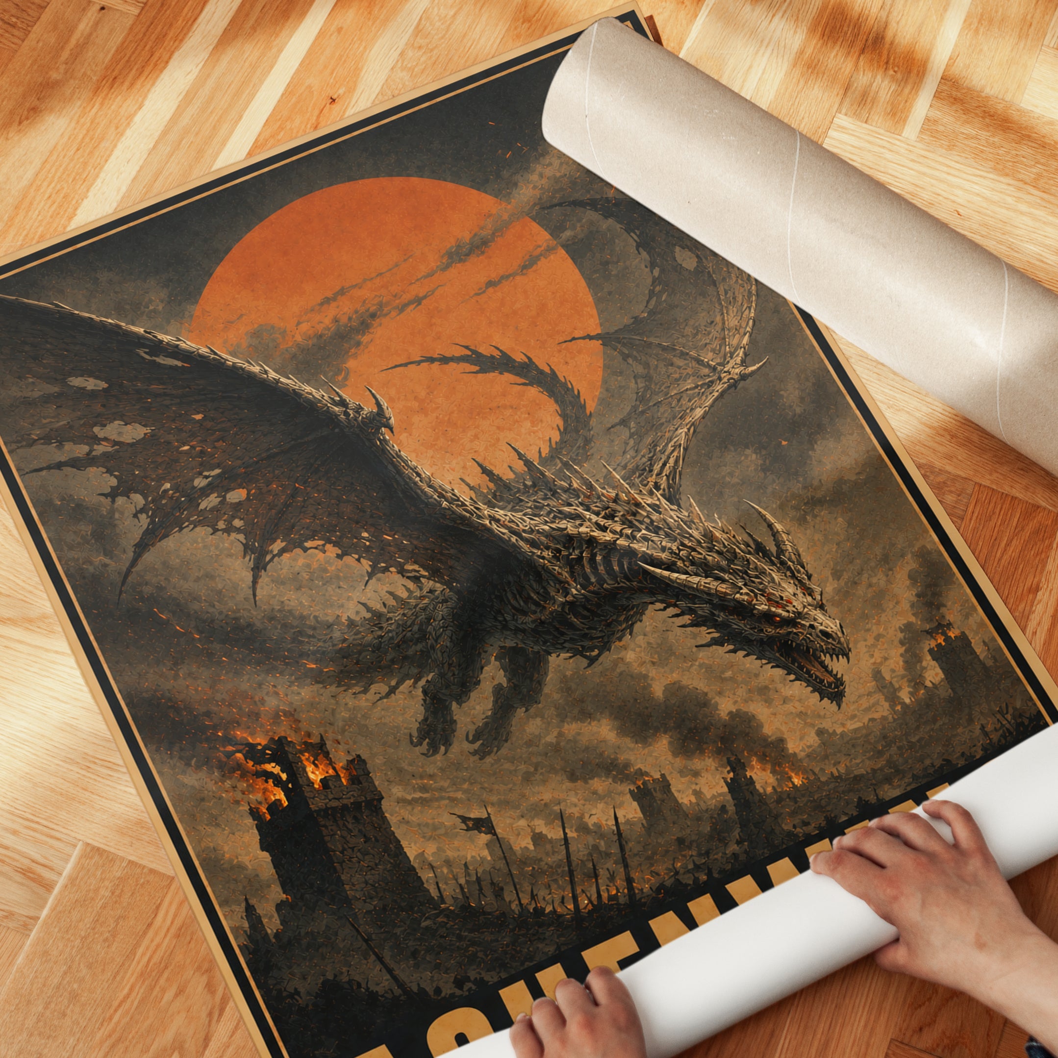 Dragon Silhouette Wall Art: Vintage Fantasy Poster with Orange Sun - detail