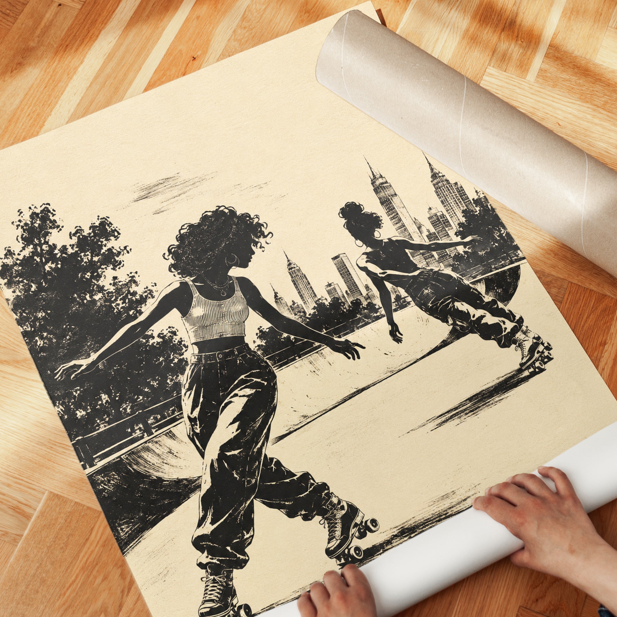 Roller Skating in Central Park Art Print: Vintage Urban Silhouette - detail