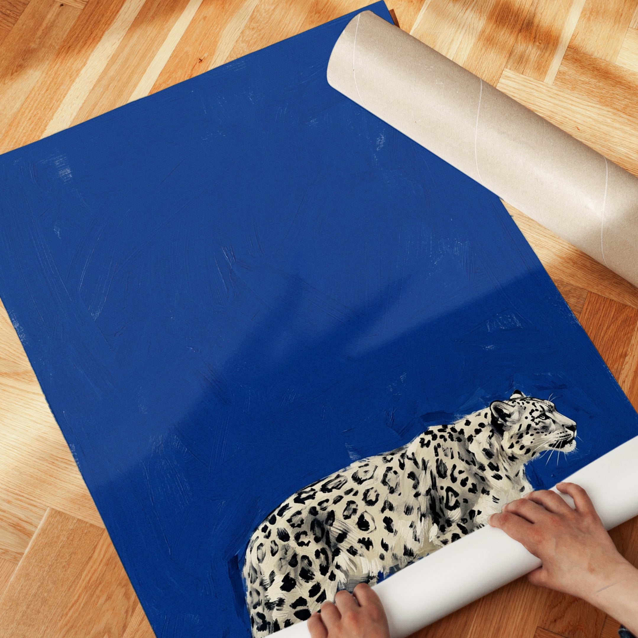 Snow Leopard Art Print: Contemporary Wildlife on Deep Blue - detail