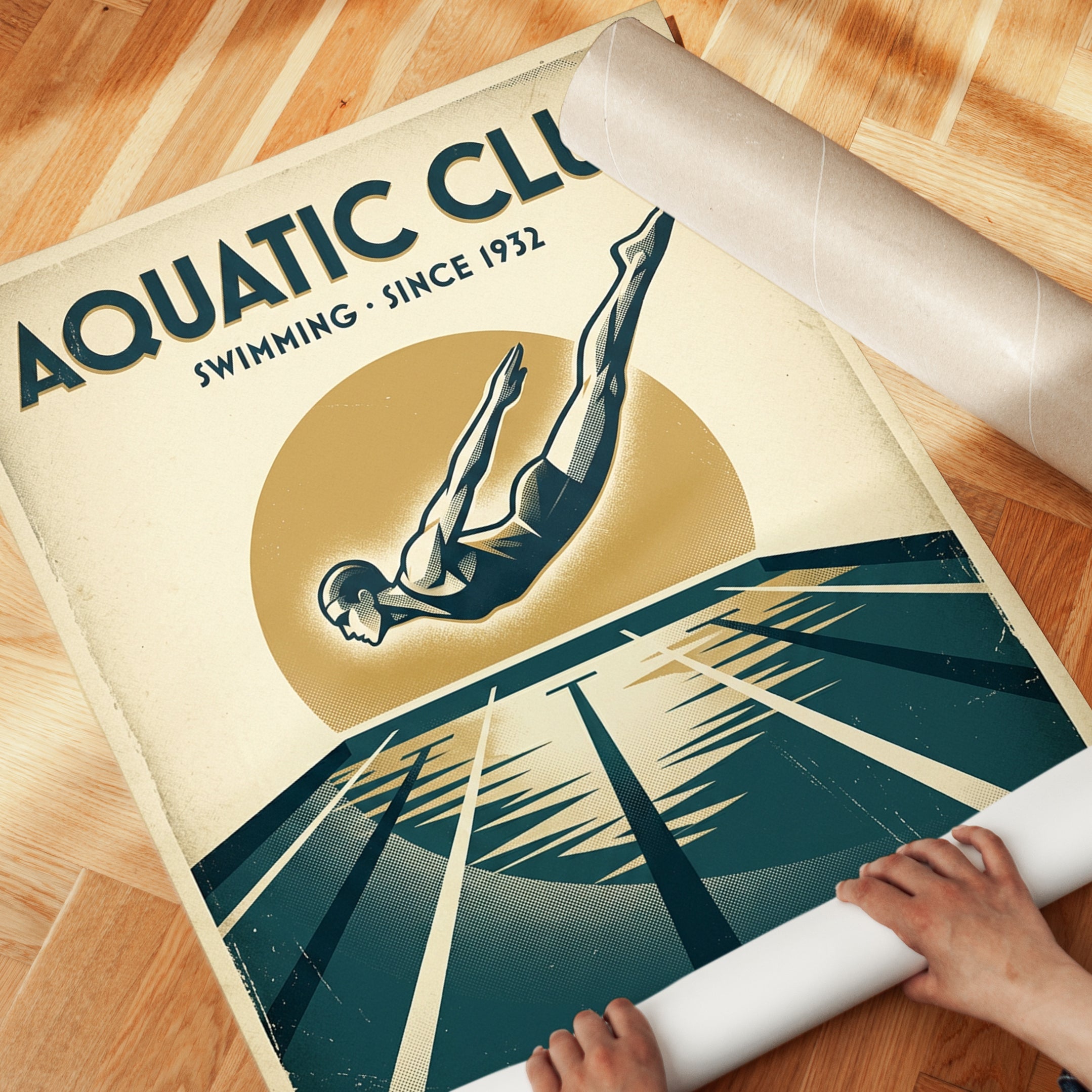 Vintage Swimming Pool Poster: Art Deco Aquatic Club Print - detail