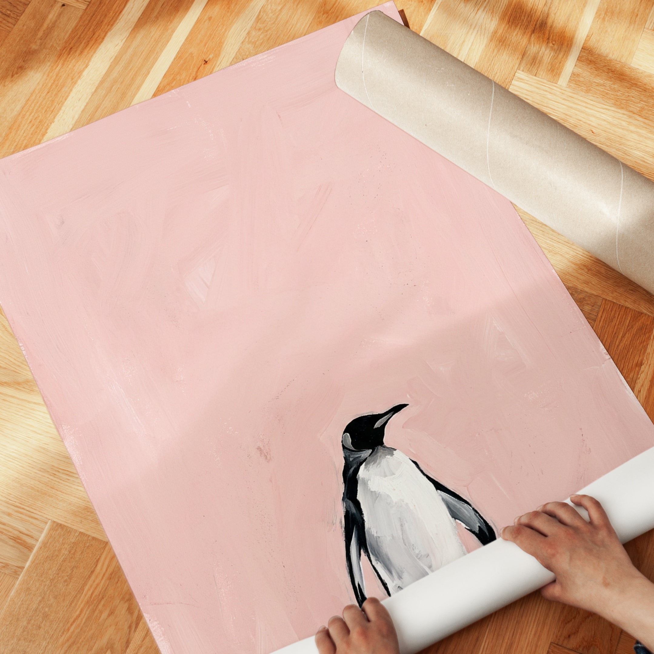 Penguin Art Print — Soft Pink Minimalist Animal Painting - detail