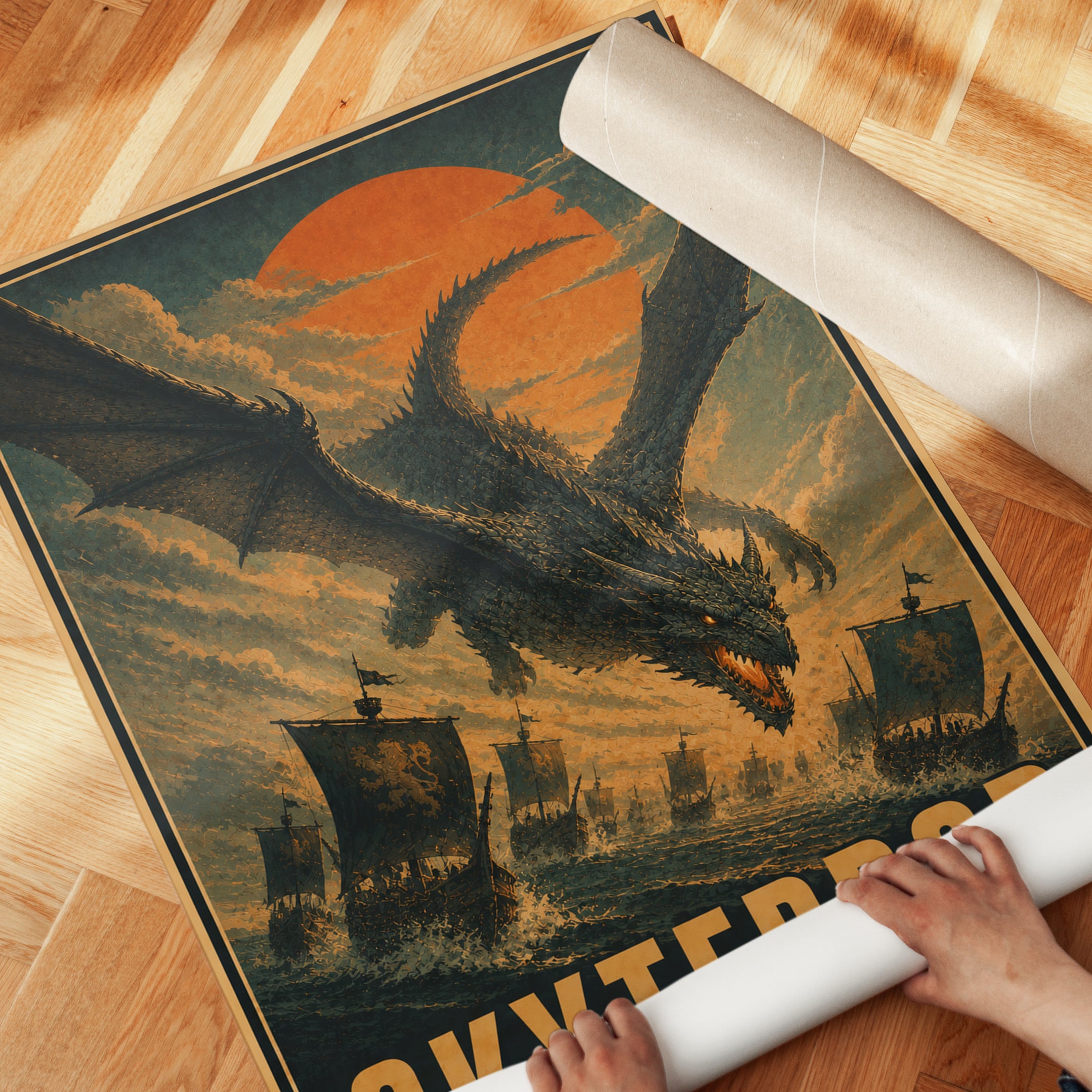 Dragon Attack Viking Ships Poster: Vintage Fantasy Wall Art - detail