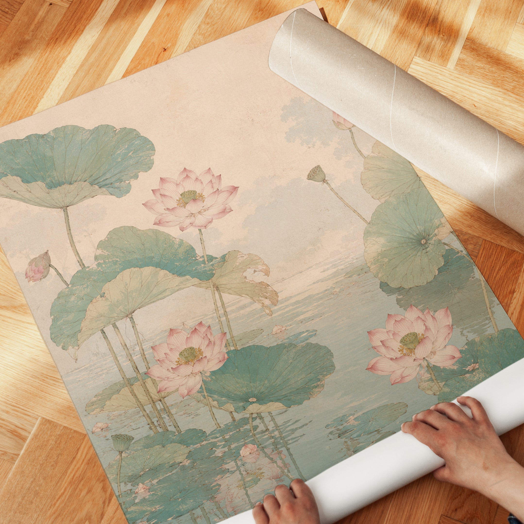Lotus Flowers and Lily Pads Art Print: Asian Watercolor Style - detail