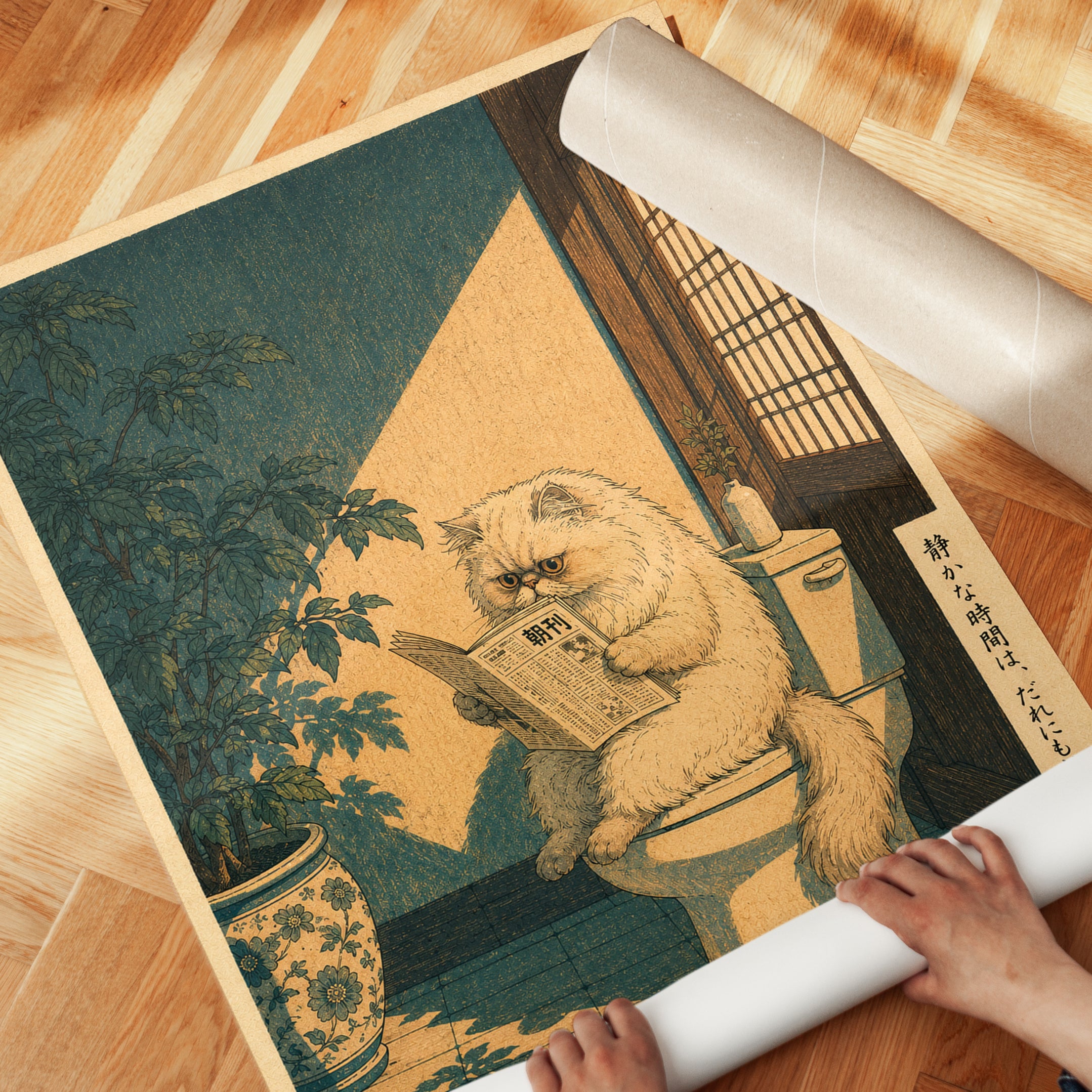 Cat Reading Newspaper Poster: Japanese Woodblock Style Art - detail
