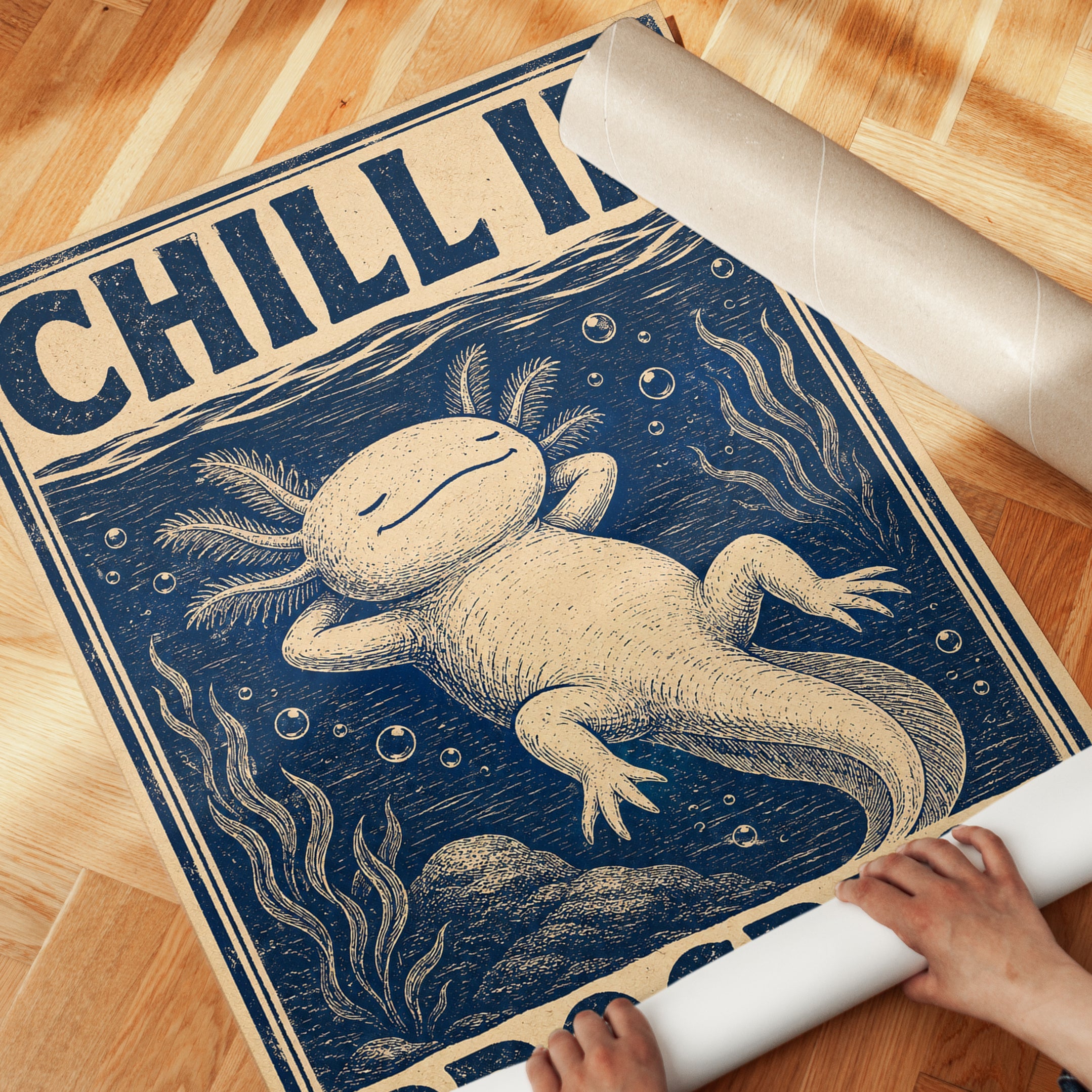 Axolotl Retro Print – Linocut Style - detail