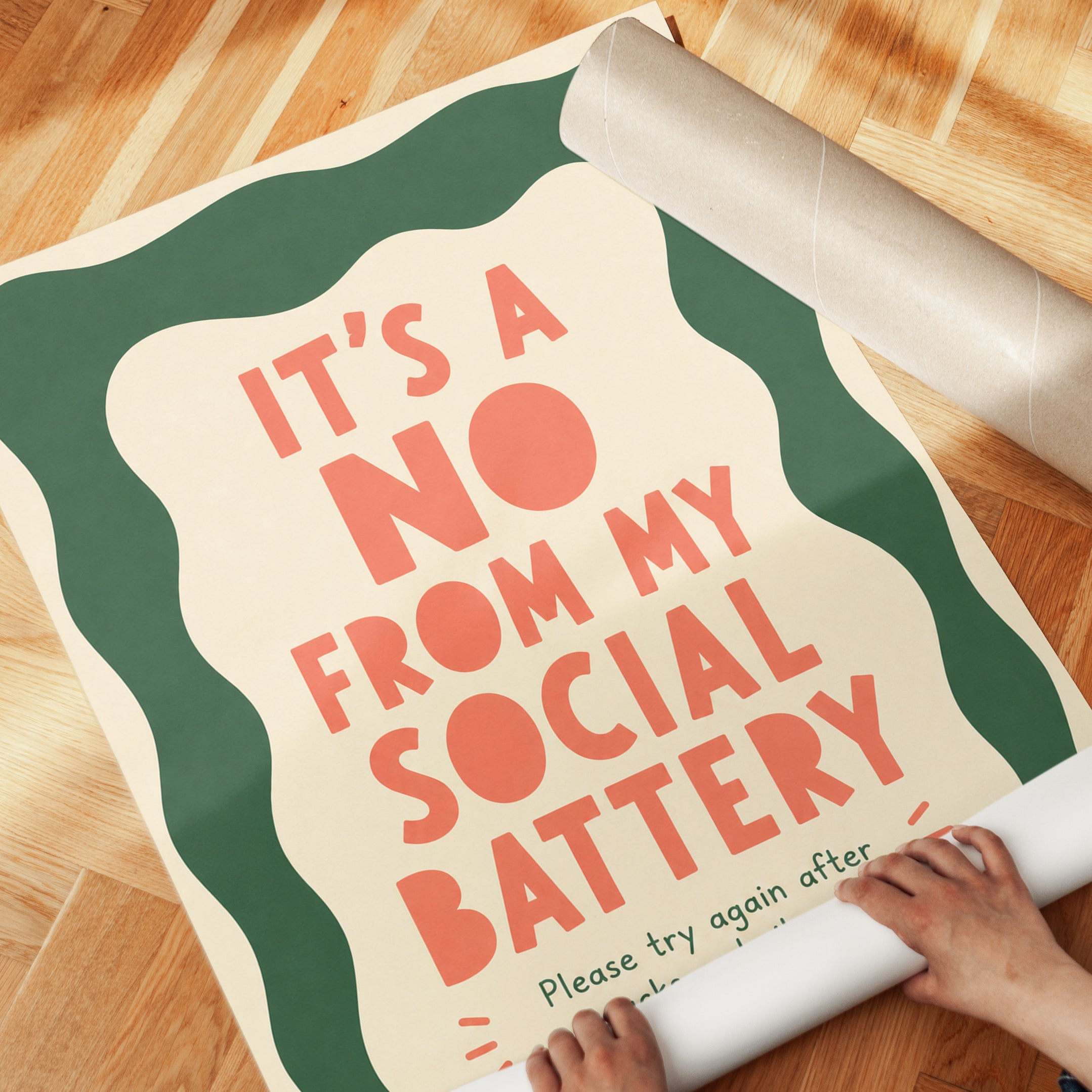 Funny Introvert Wall Art Print: Social Battery Quote in Coral & Green - detail