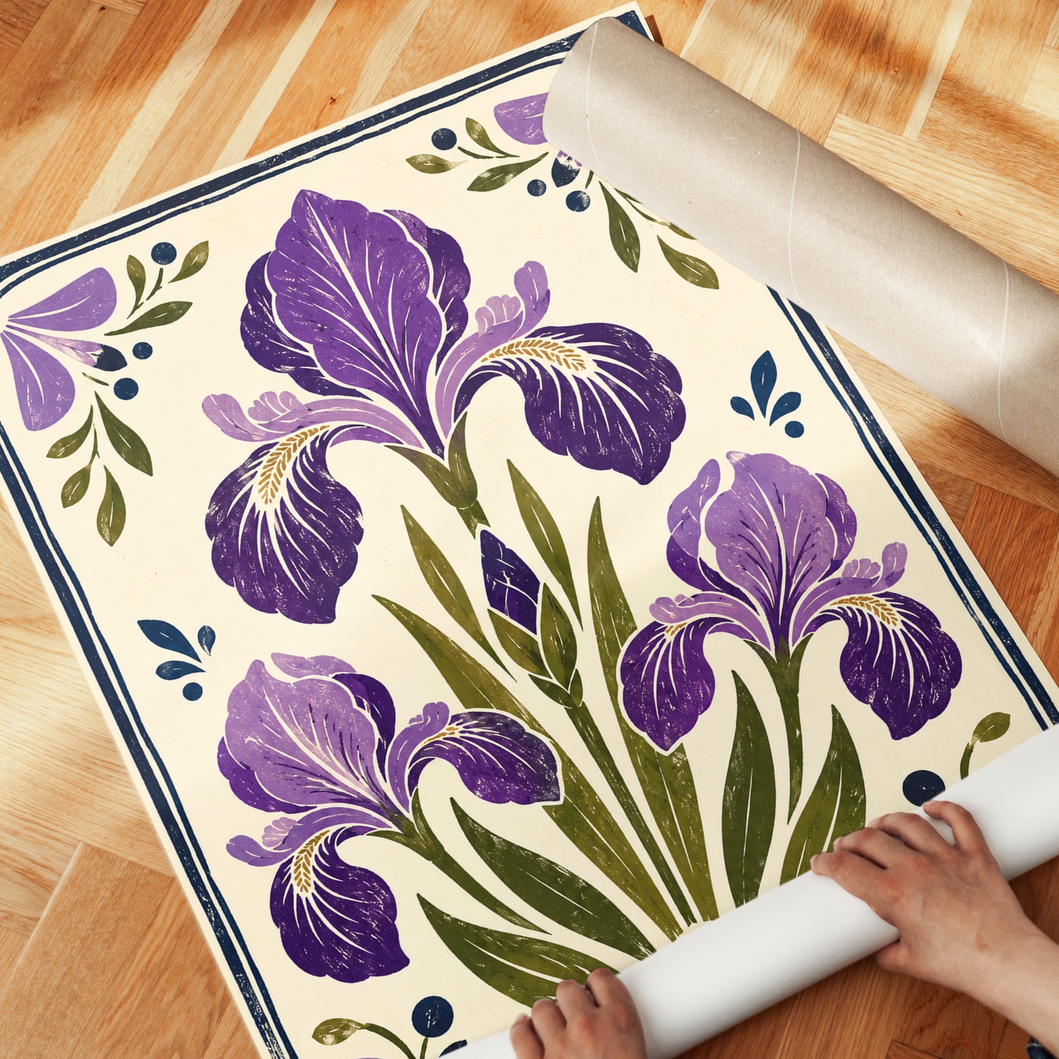 Iris Flower Wall Art – Folk Art Botanical Print - detail