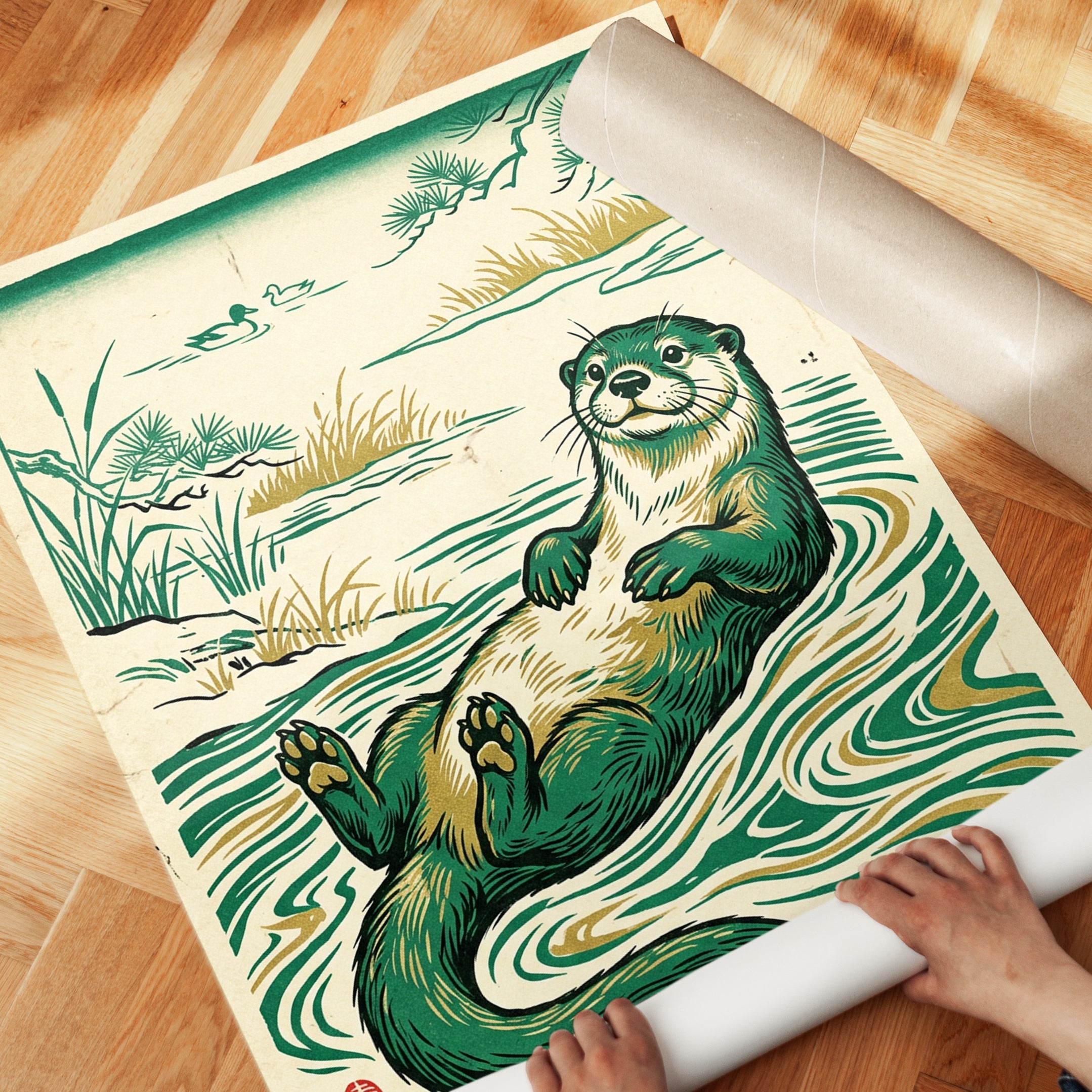 Otter Print — Japanese Woodblock Style - detail