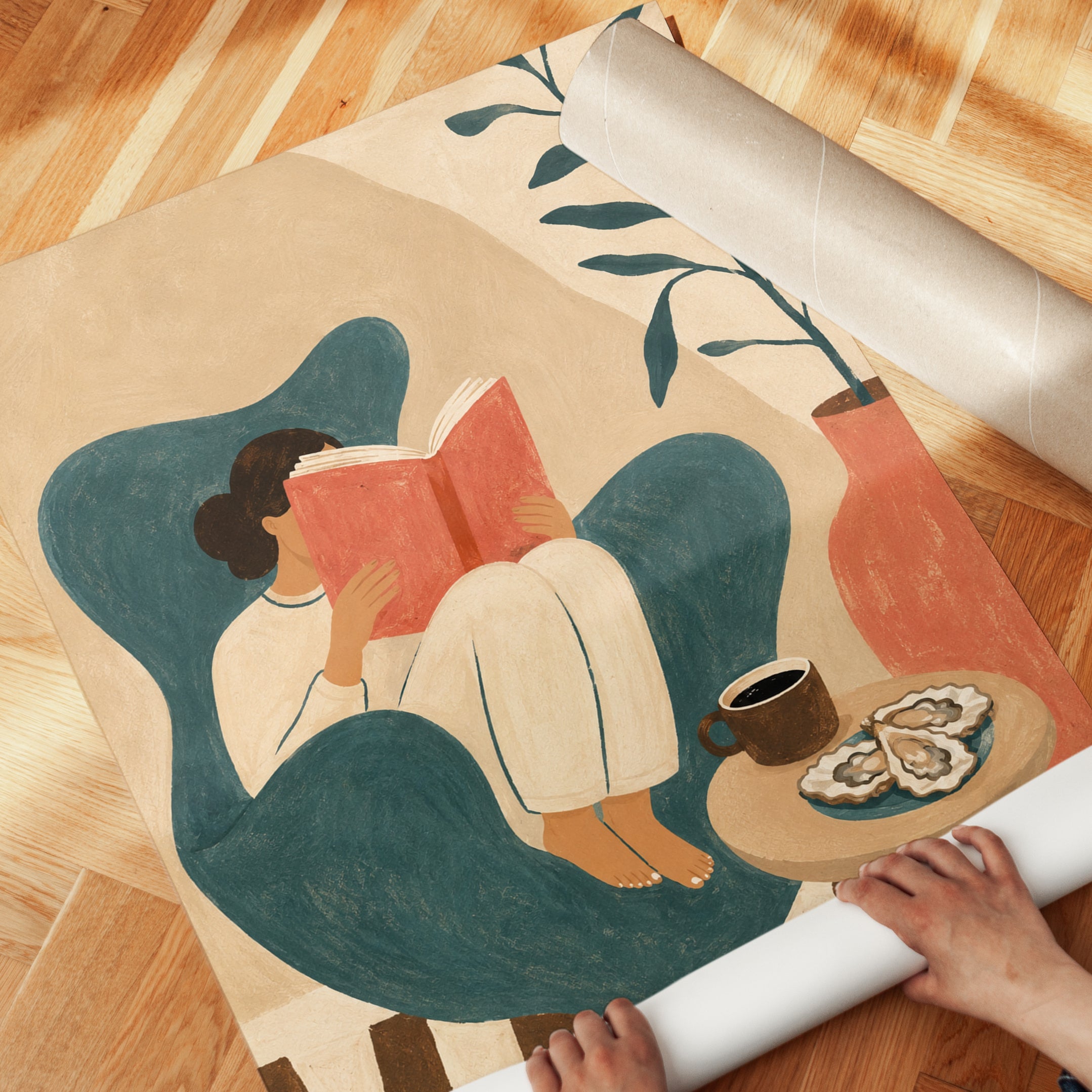 Reading Woman in Teal Chair Art Print: Minimalist Illustration - detail