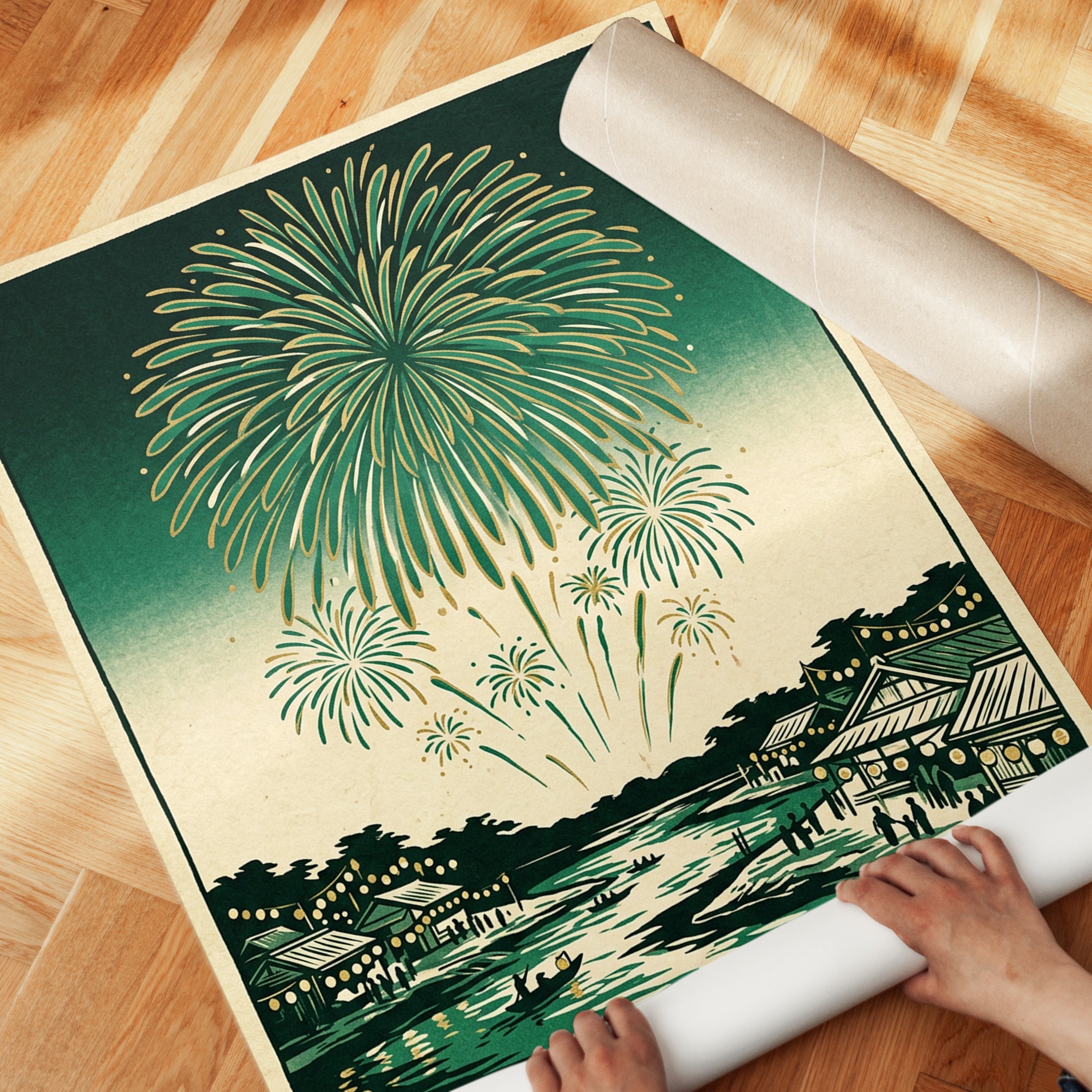 Japanese Fireworks Over River Town: Vintage Woodblock Print - detail