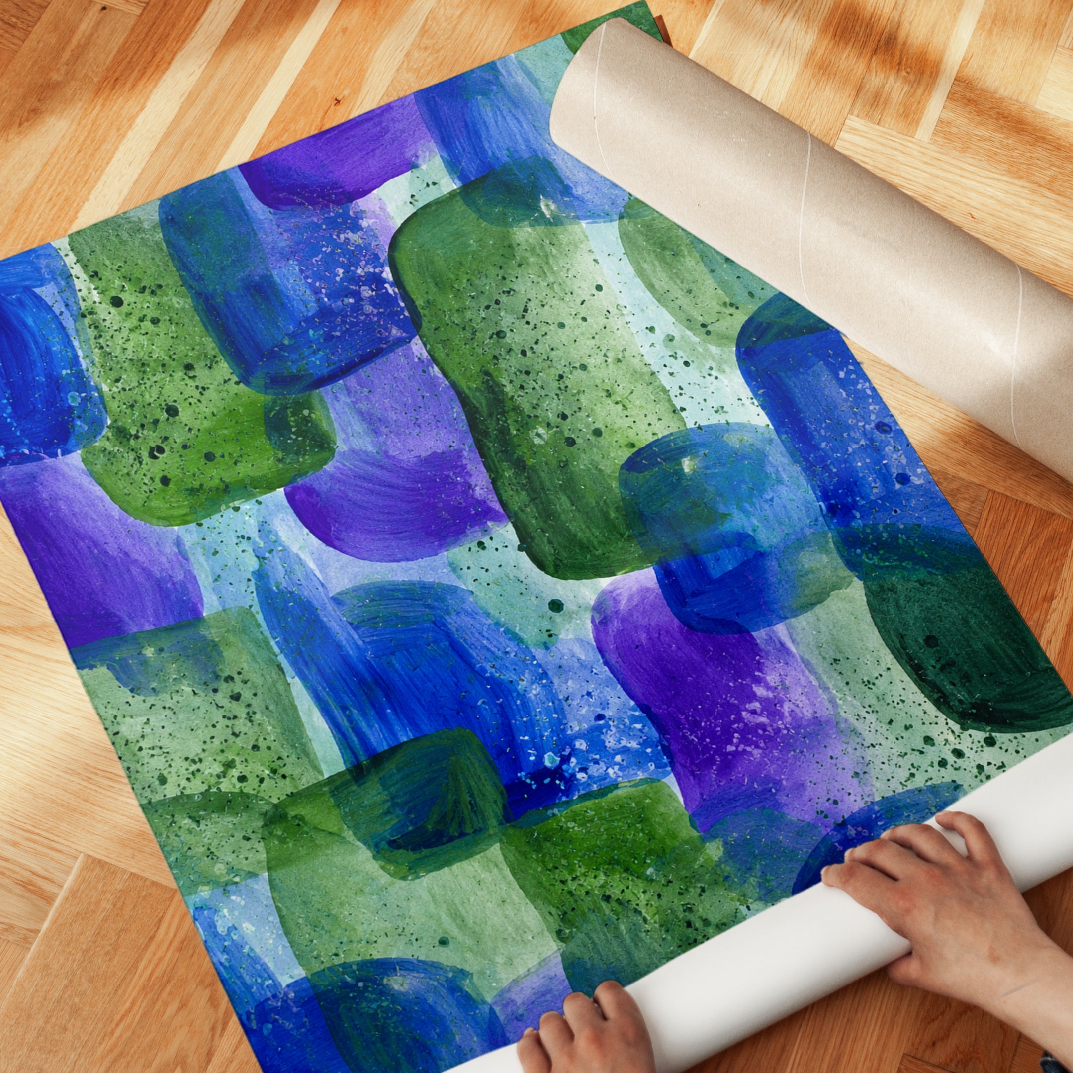Abstract Organic Shapes Wall Art: Blue Purple Green Watercolor - detail