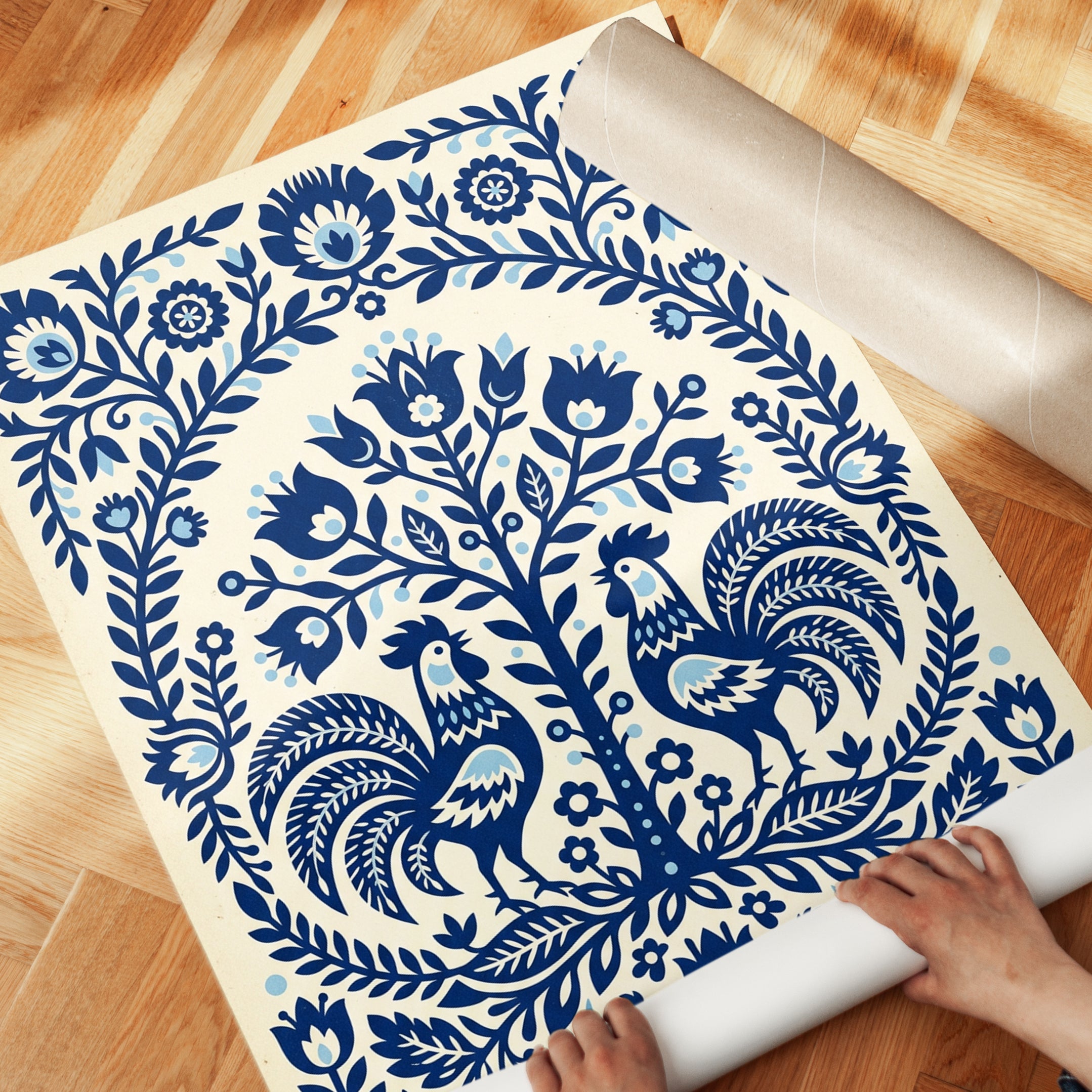 Folk Art Rooster Print — Scandinavian Blue Floral Symmetry - detail