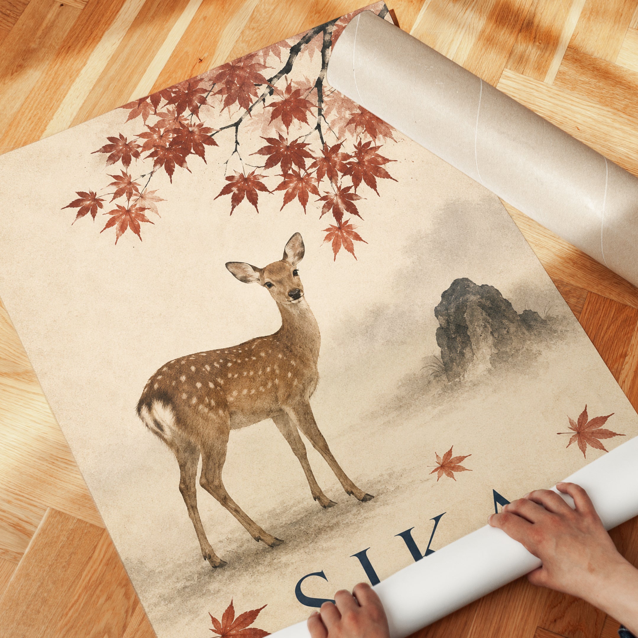 Sika Deer Autumn Maple Print - detail