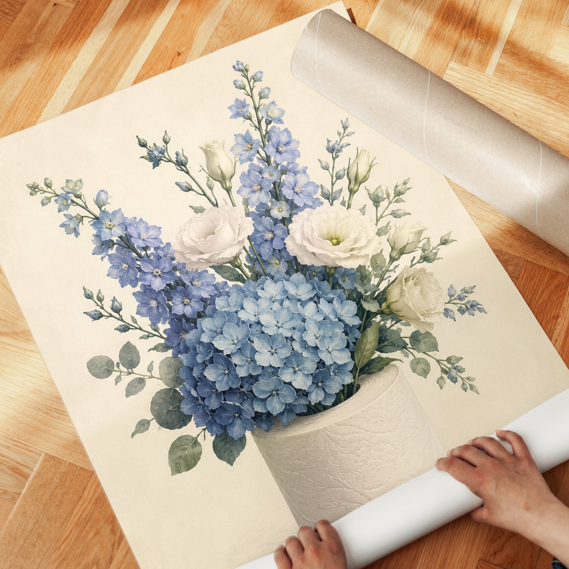 Blue Hydrangea Floral Arrangement: Watercolor Botanical Art Print - detail
