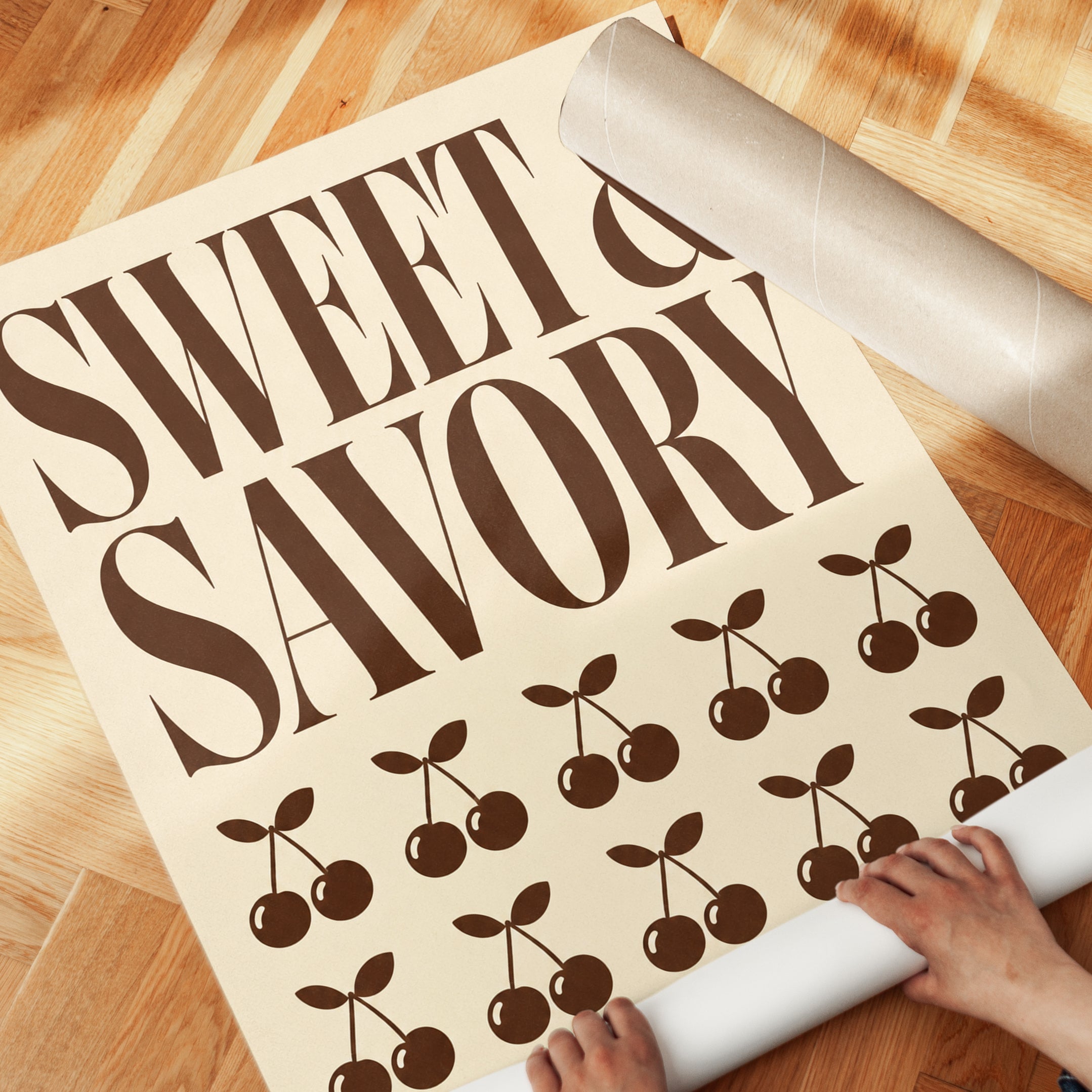 Cherry Typography Print: Retro Kitchen Wall Art (Brown & Cream) - detail