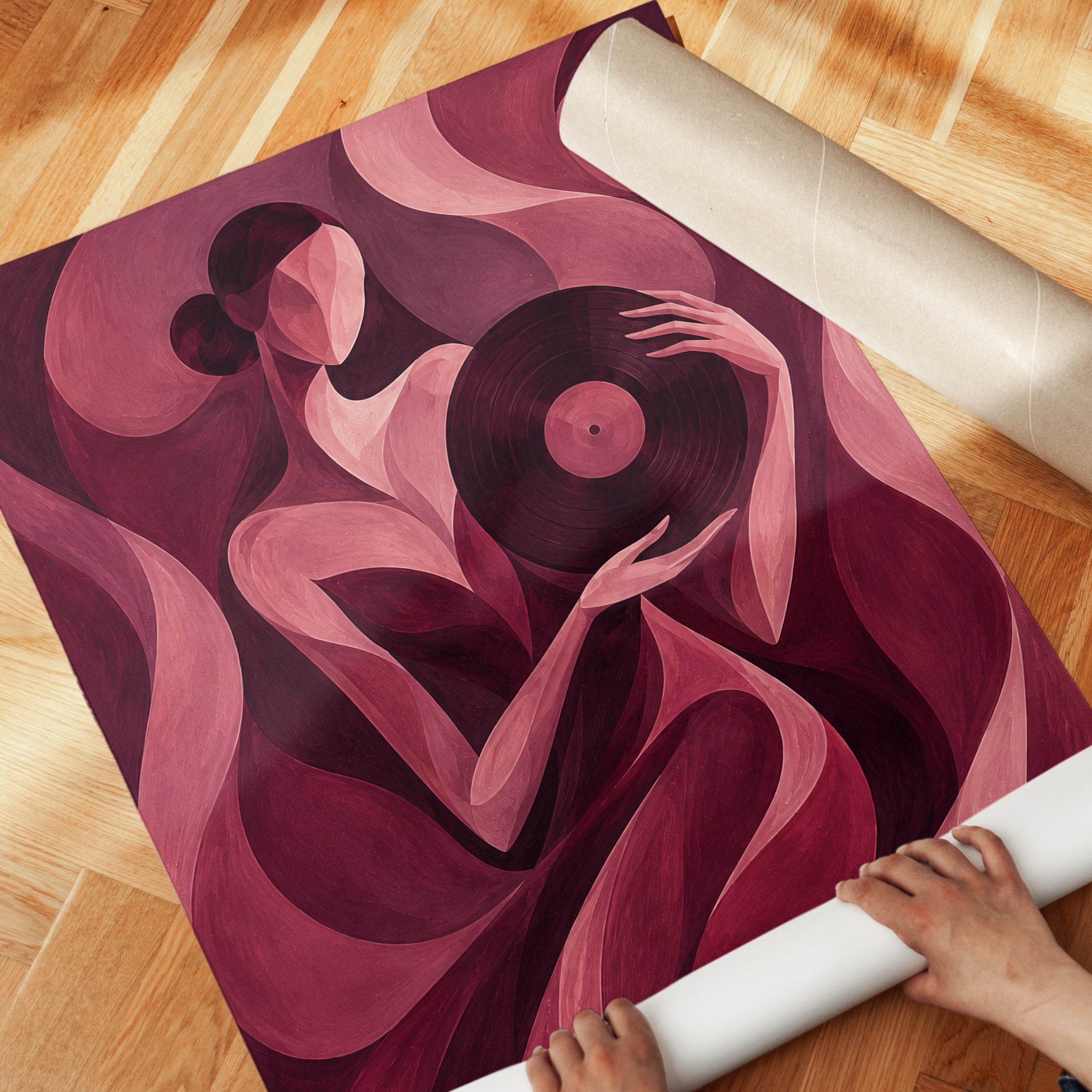 Vinyl Record Listener Art Print: Art Deco Style in Burgundy Pink - detail