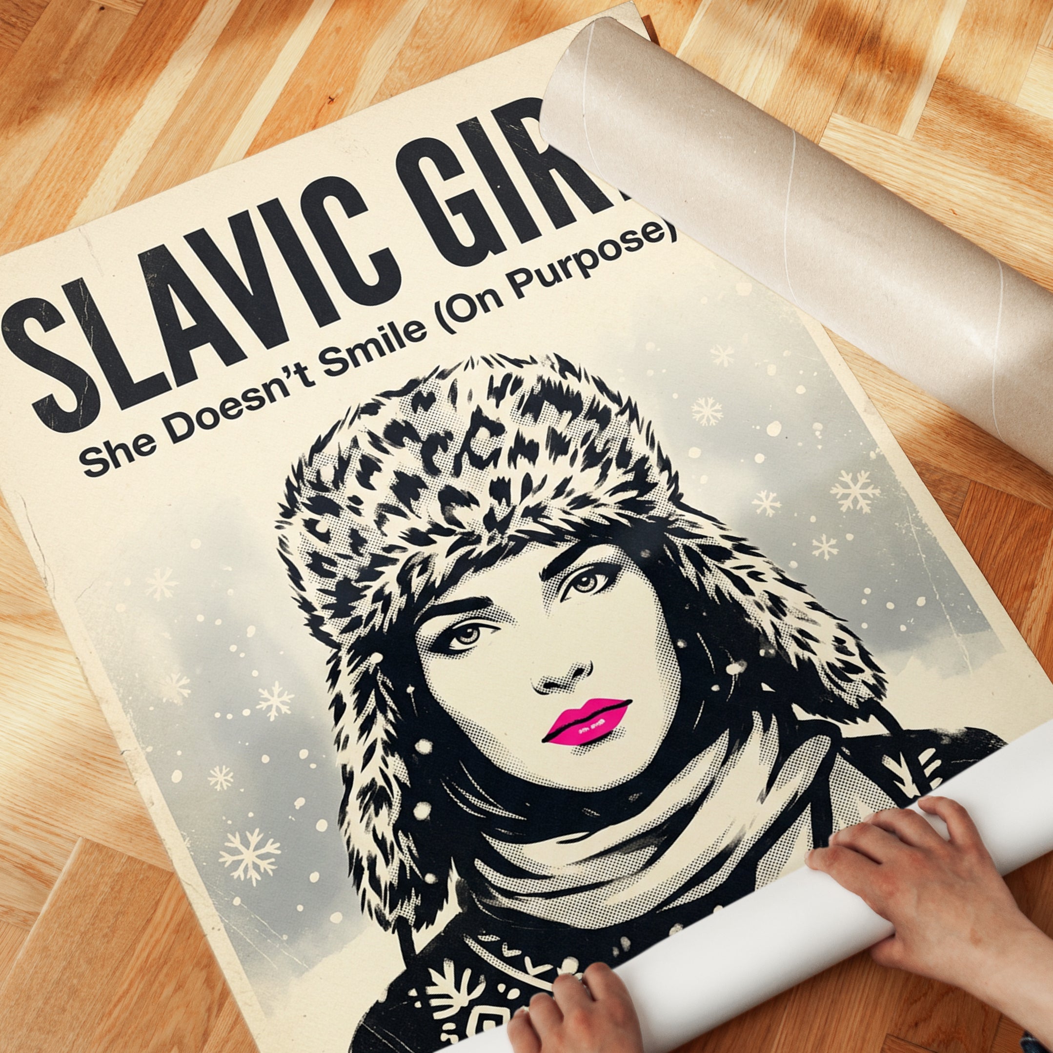Slavic Girl Winter Portrait: Vintage Propaganda Style Art Print - detail