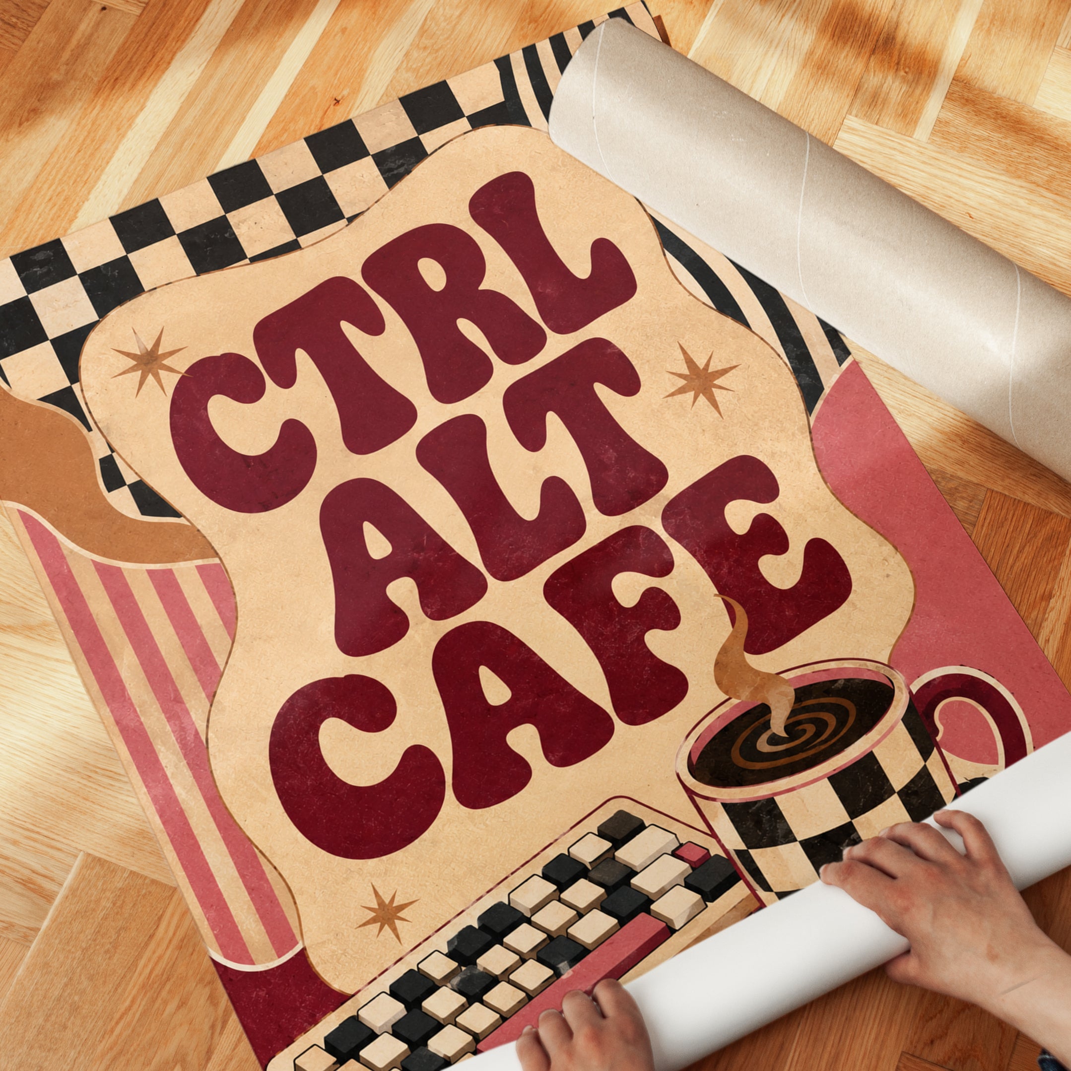Cafe Wall Art: Retro Keyboard and Coffee - detail
