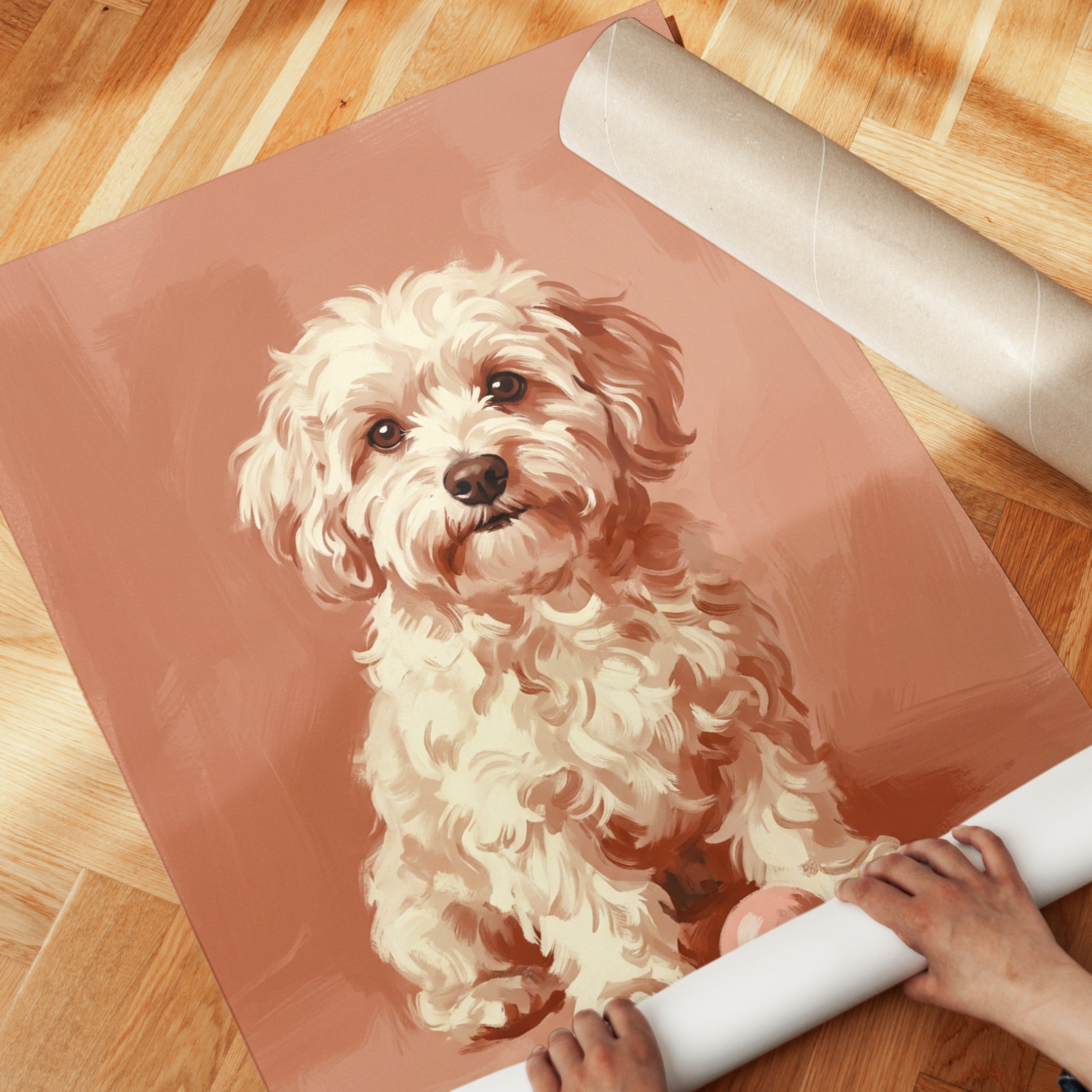 Cockapoo Dog Portrait: Warm Coral Tones Wall Art - detail