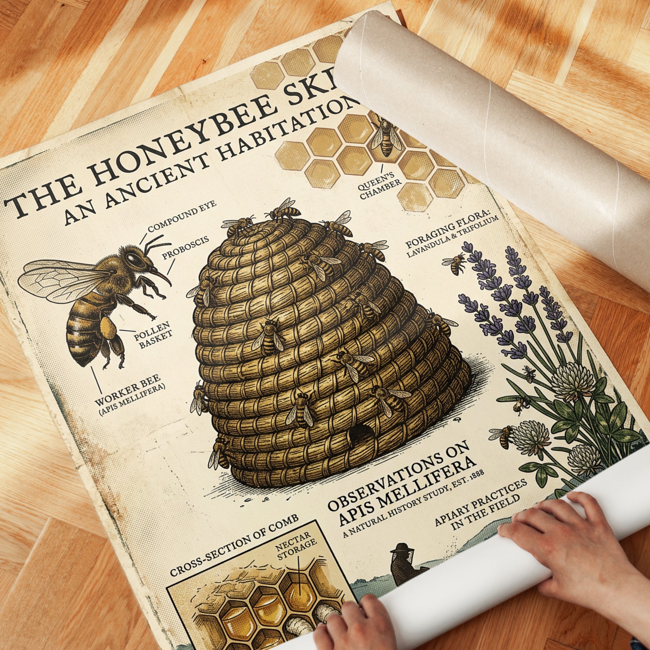 Honeybee Skep Diagram Art Print: Vintage Natural History Poster - detail