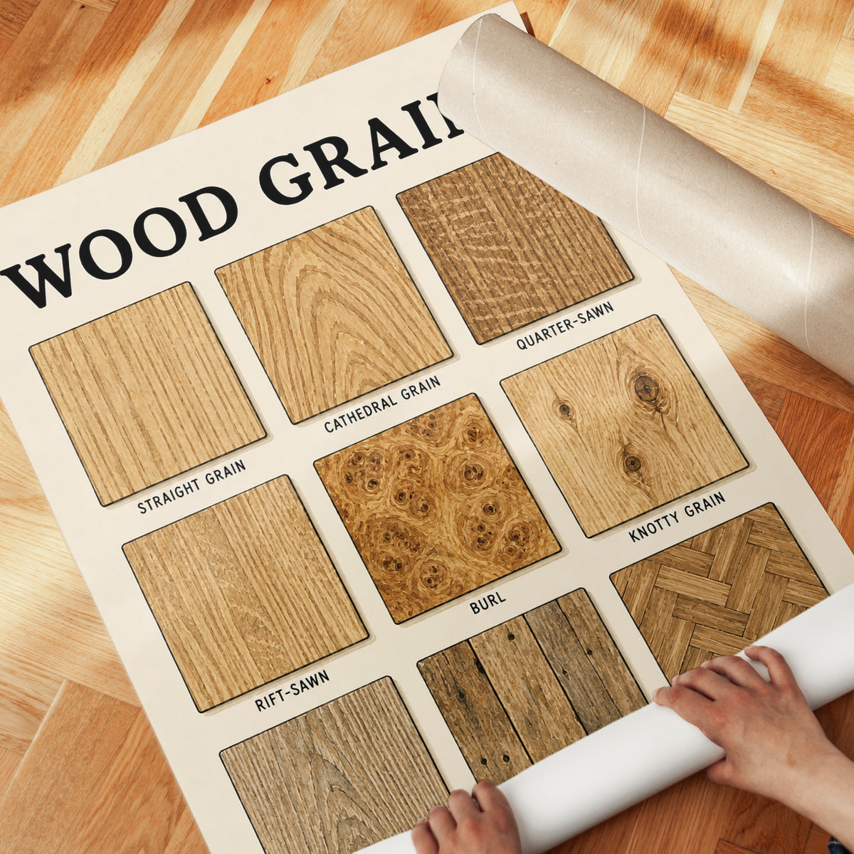 Wood Grains Reference Chart: Educational Carpentry Wall Art - detail
