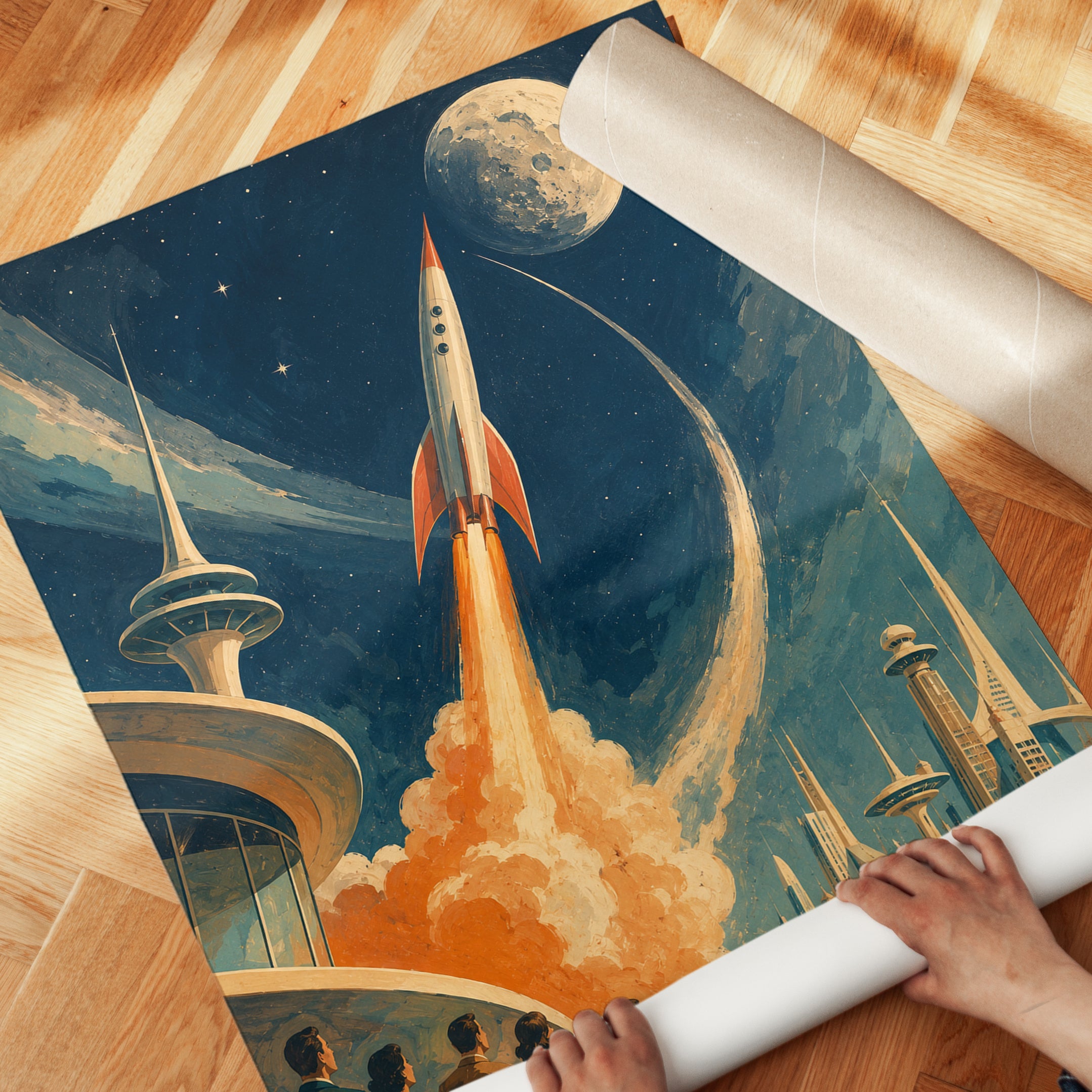 Retro Space Poster – Vintage Rocket Print - detail